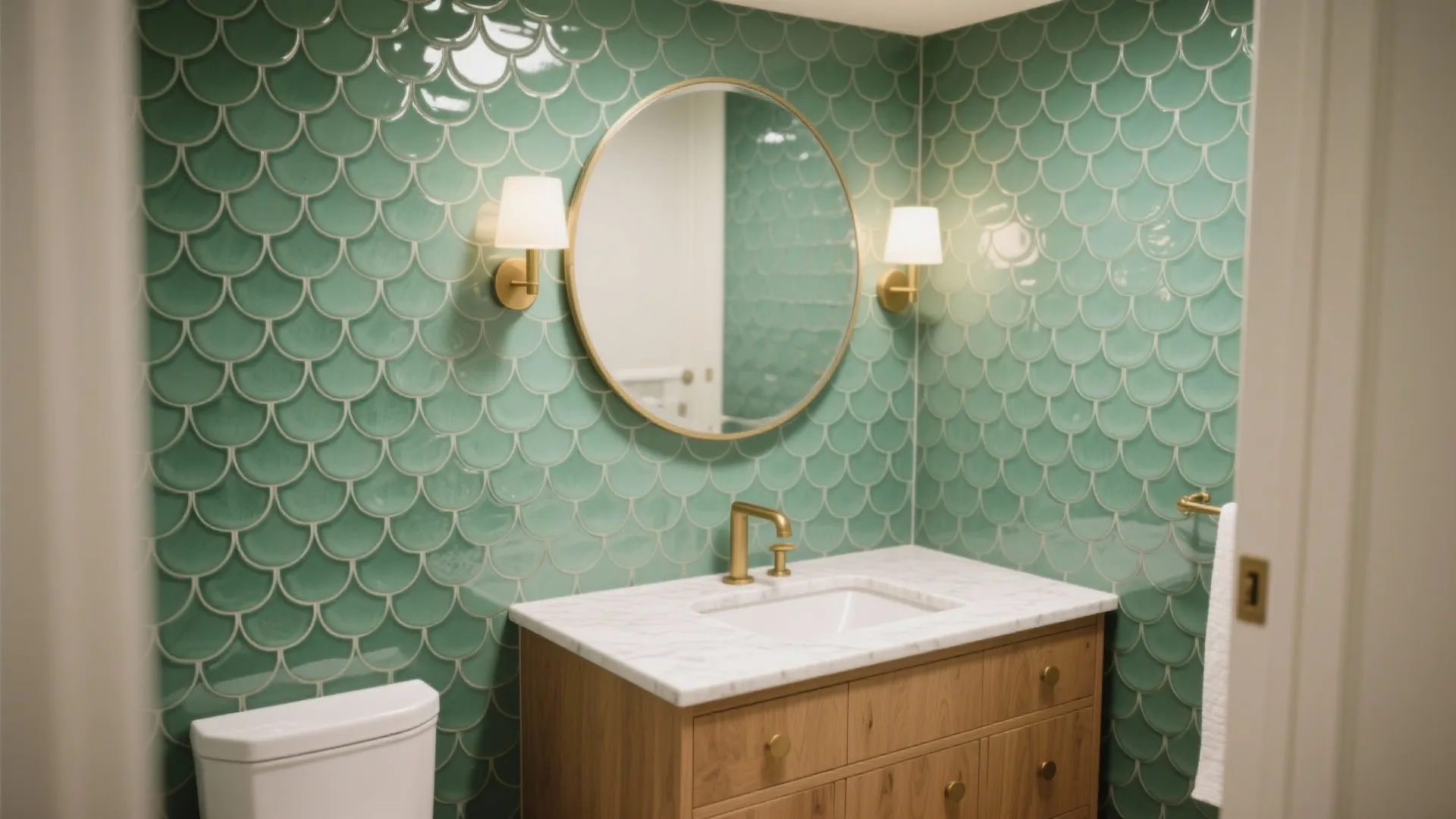 Glossy jade fish-scale mosaic wall behind an oak vanity with brass hardware in a small bath.