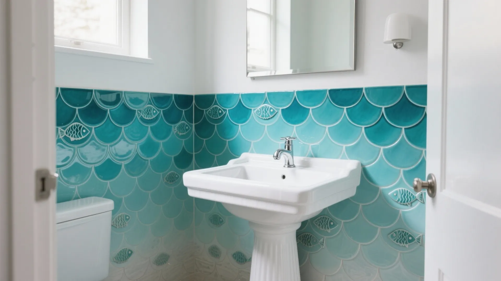 Bathroom interior with turquoise fish scale wall tiles a white pedestal sink and a mirror