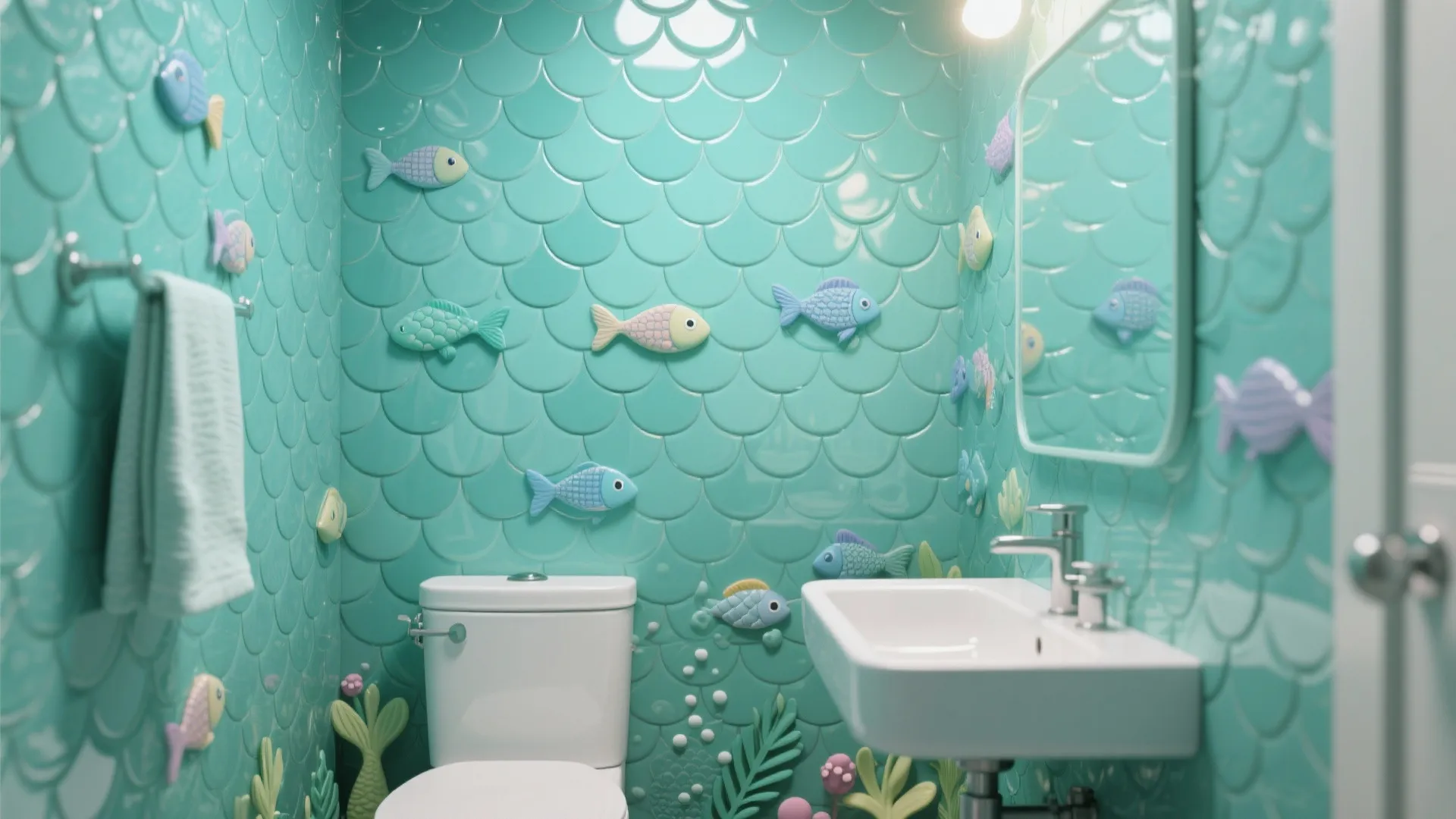 Green fish scale wall tiles in a bathroom with fish decorations white sink and toilet
