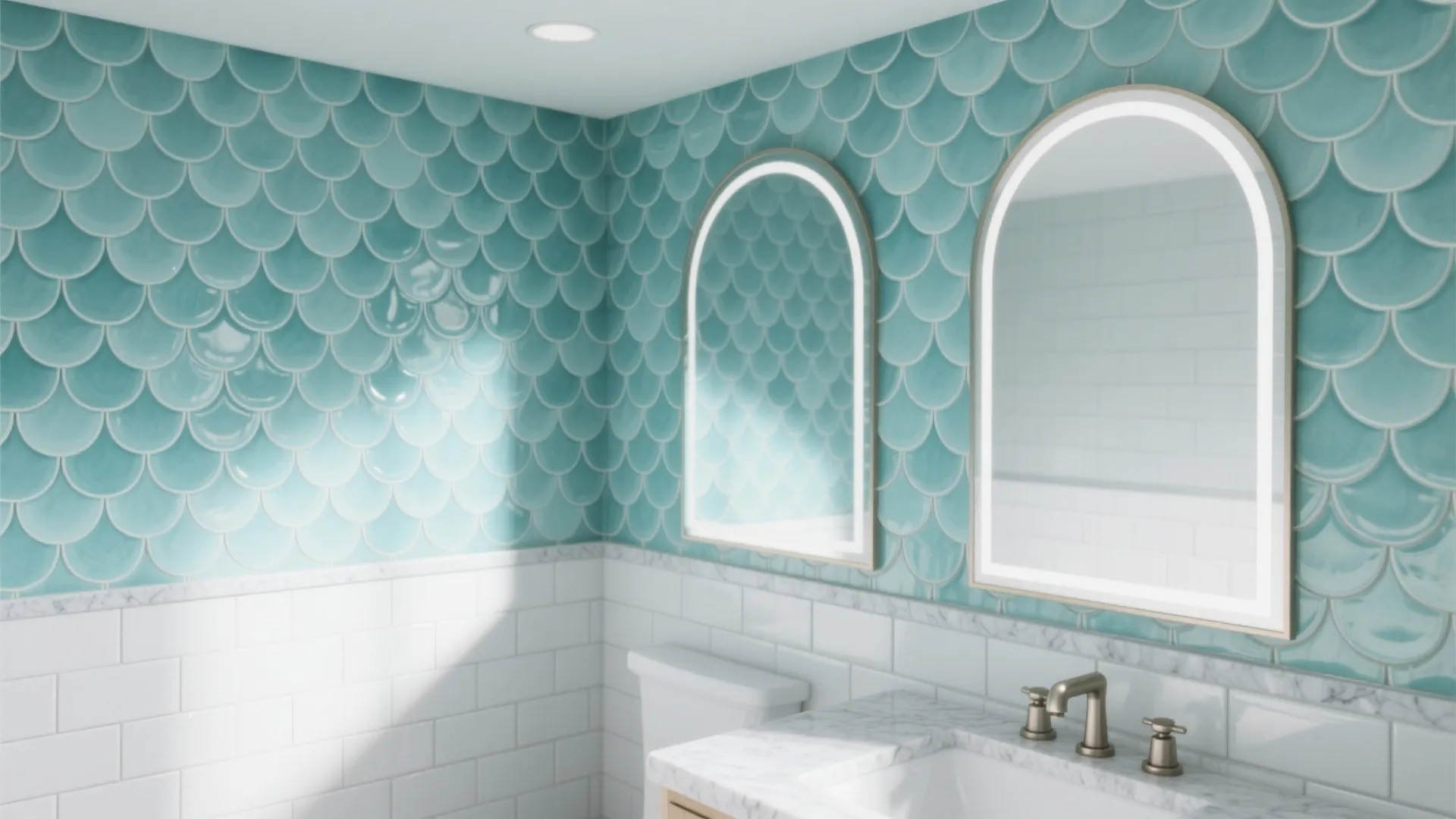 Teal fish scale wall tiles above white brick tiles with two arched mirrors in bathroom