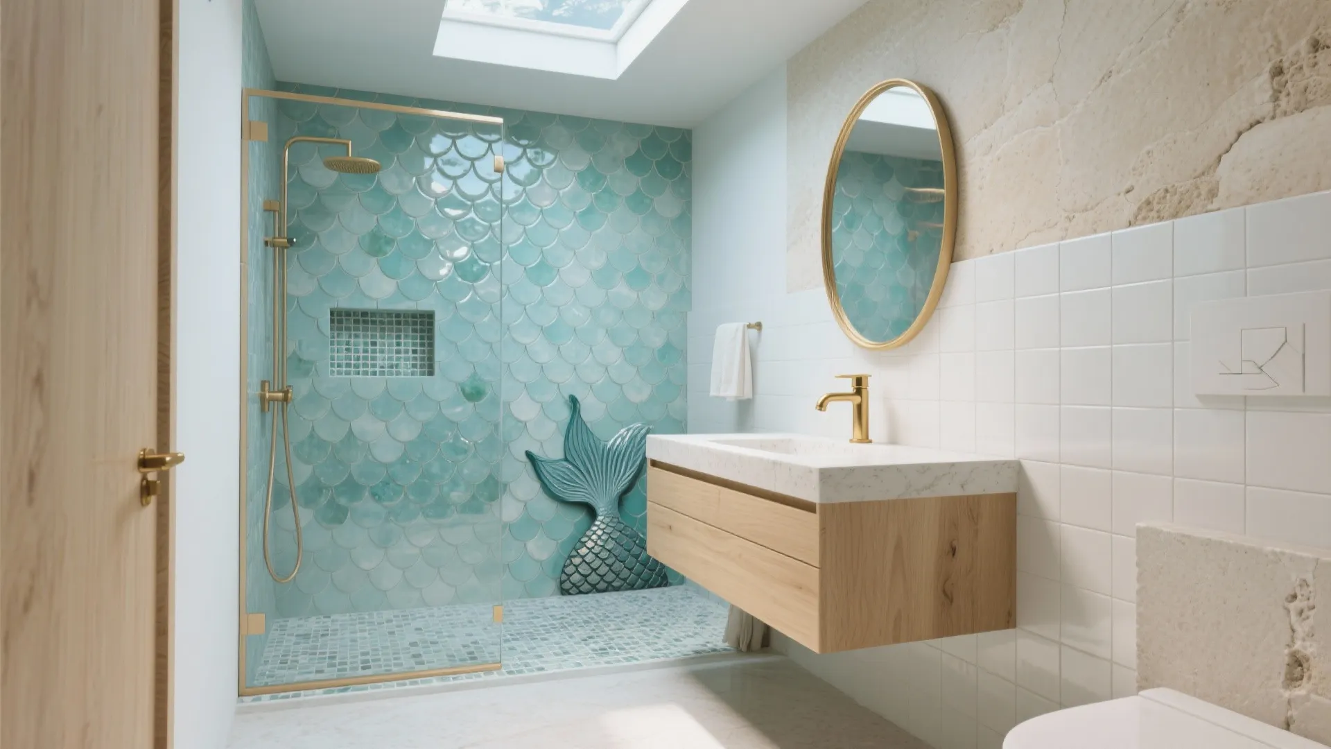 Modern bathroom with teal fish scale tiles, glass shower, wood cabinet, gold mirror, and sunlight