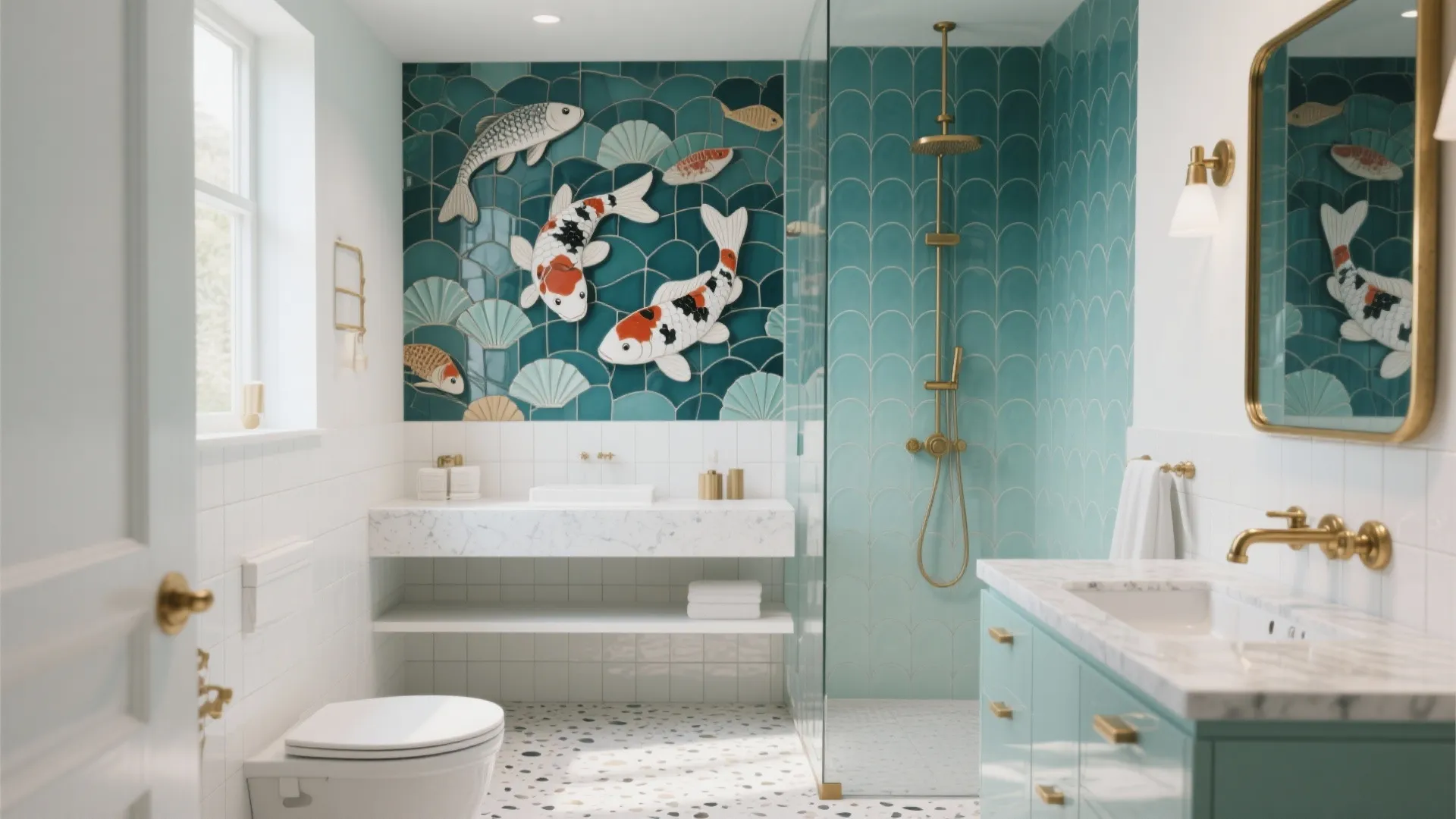Modern bathroom featuring wall tiles with large colorful fish design white cabinet and gold hardware