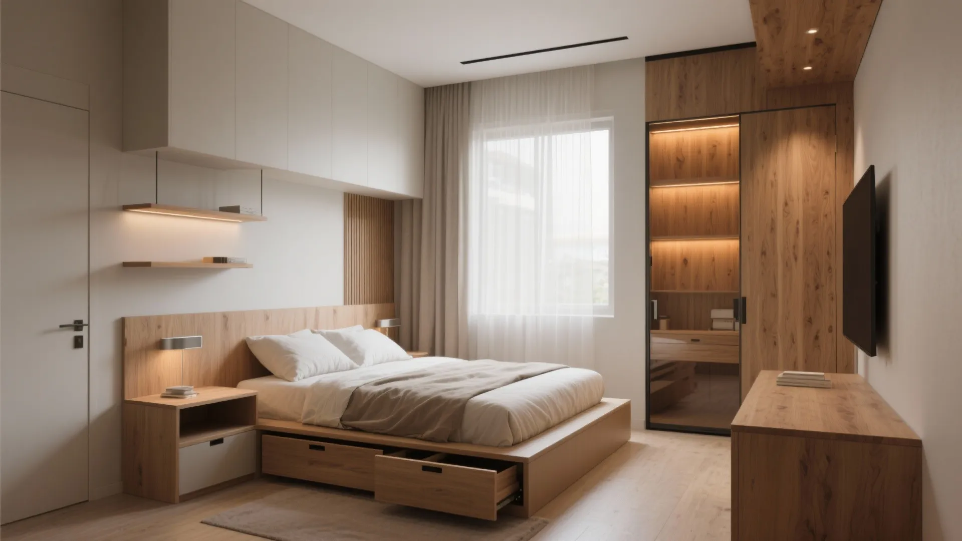 Modern bedroom with wooden bed frame drawers open and large wardrobe near bright room window