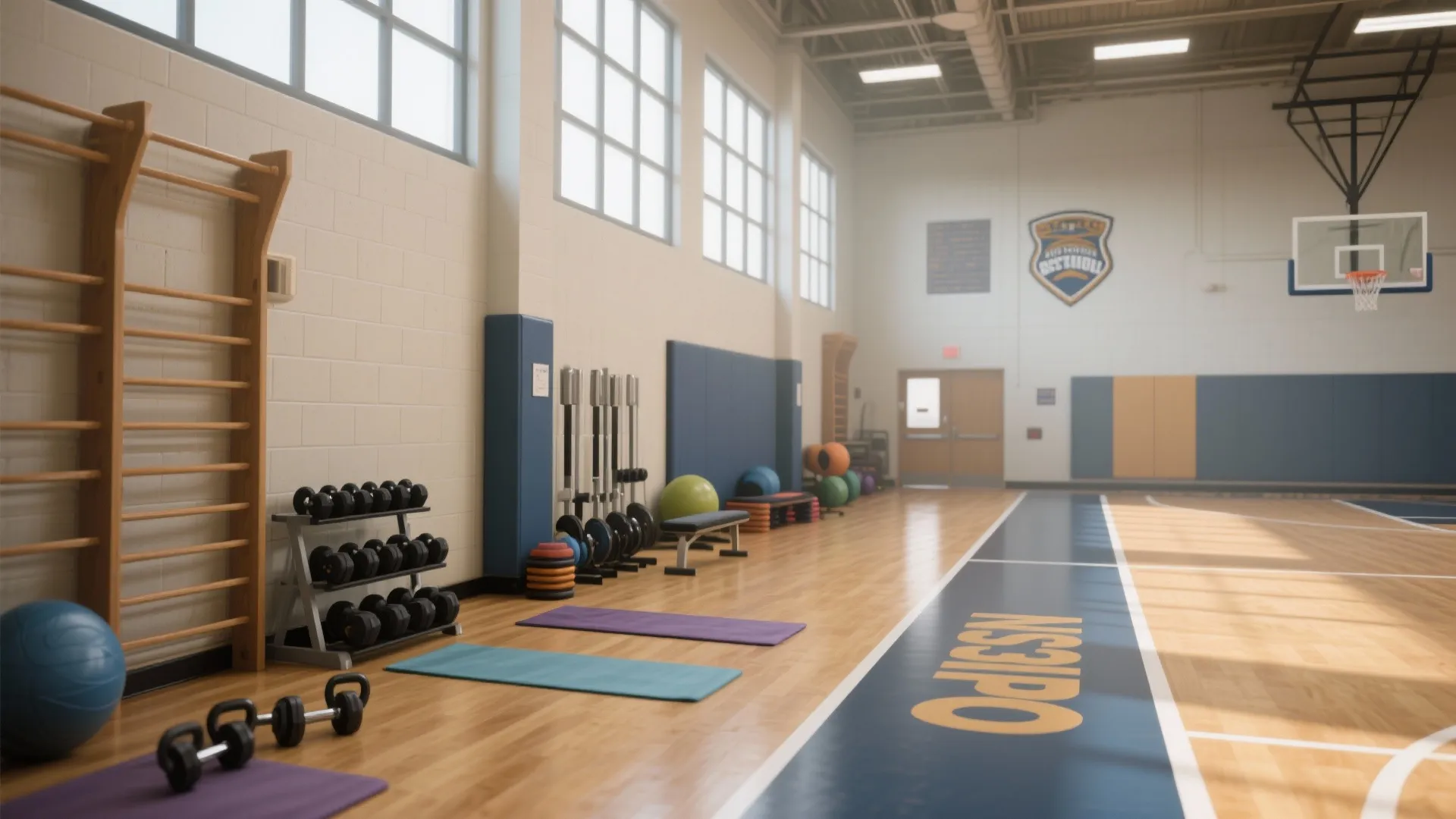 Gym corner in a school hall with weights exercise mats yoga balls and wall bars