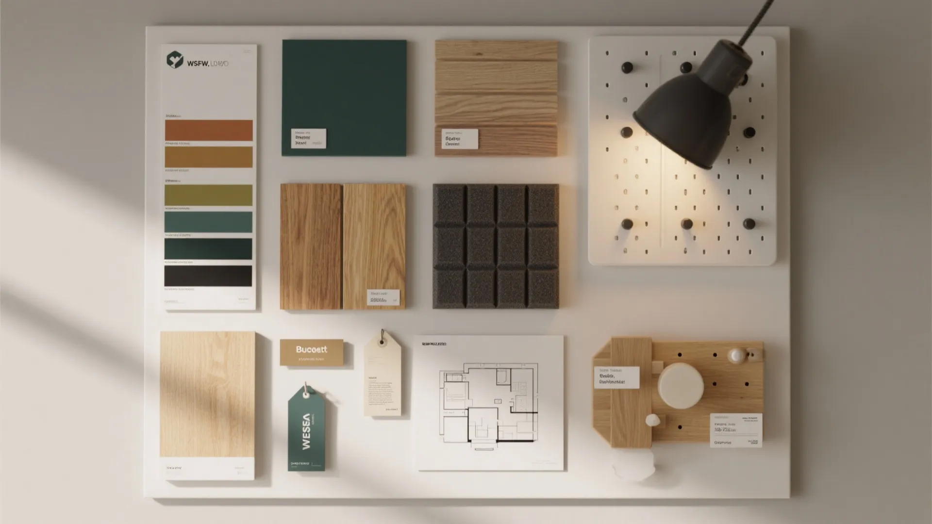 Flatlay moodboard with paint swatches, veneer samples, acoustic tiles and budget tags for small office fit-outs.