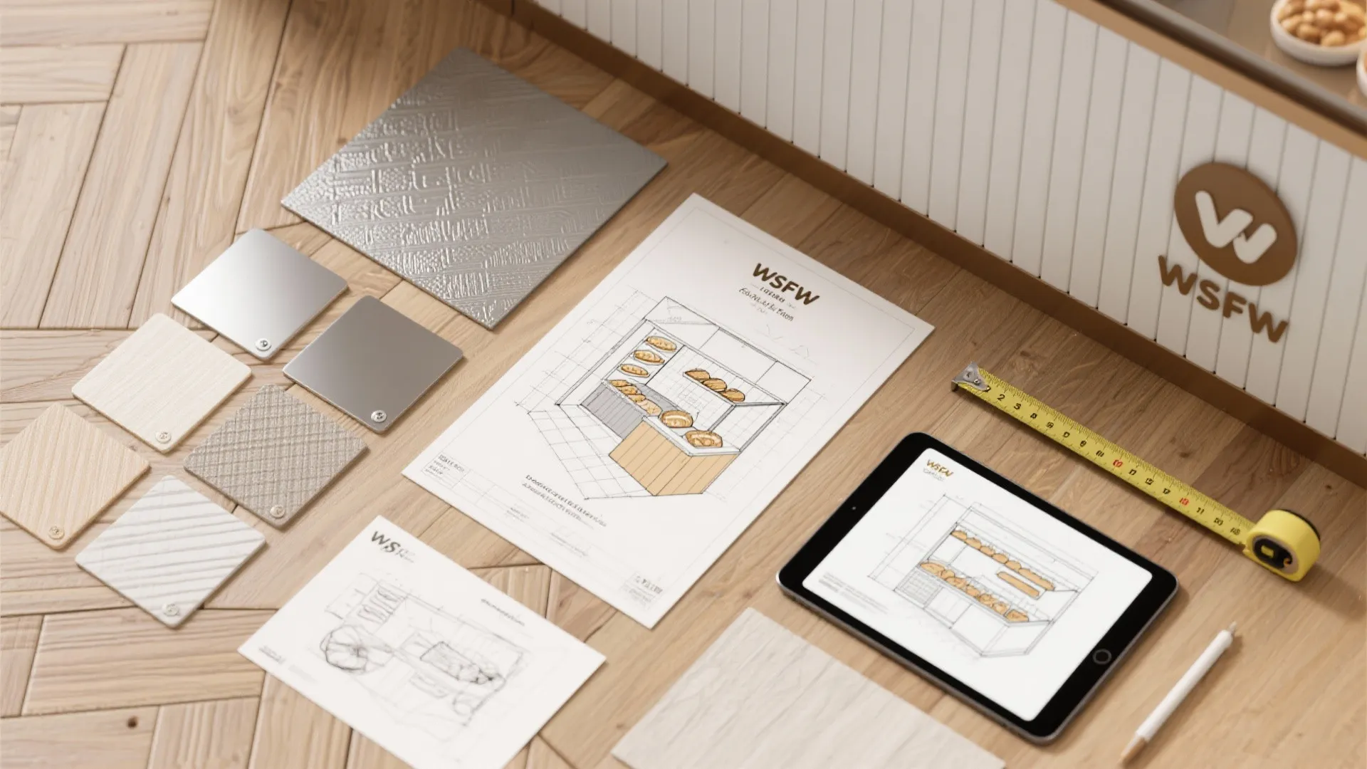 Interior design drawing on paper with material samples and tablet on light wooden floor surface