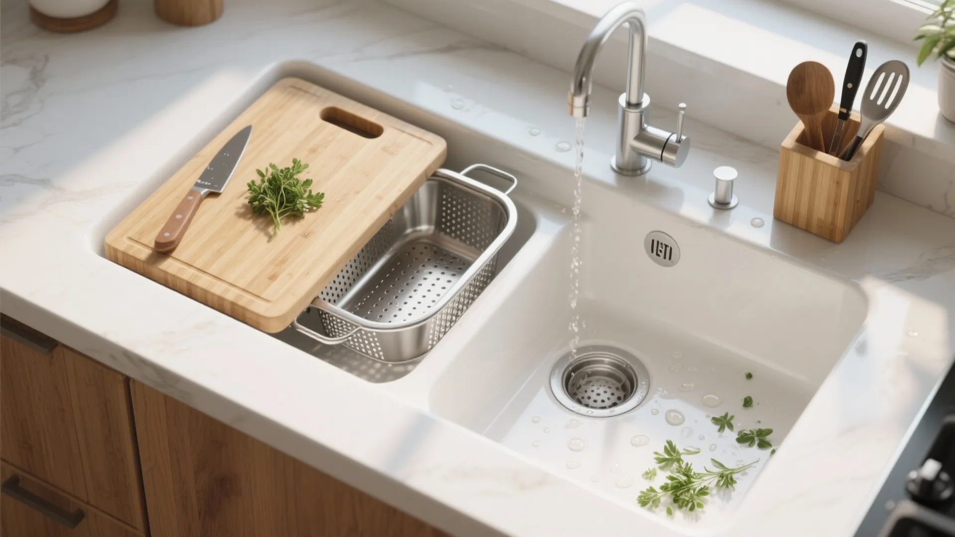 2. Add a custom-fit cutting board and colander tray