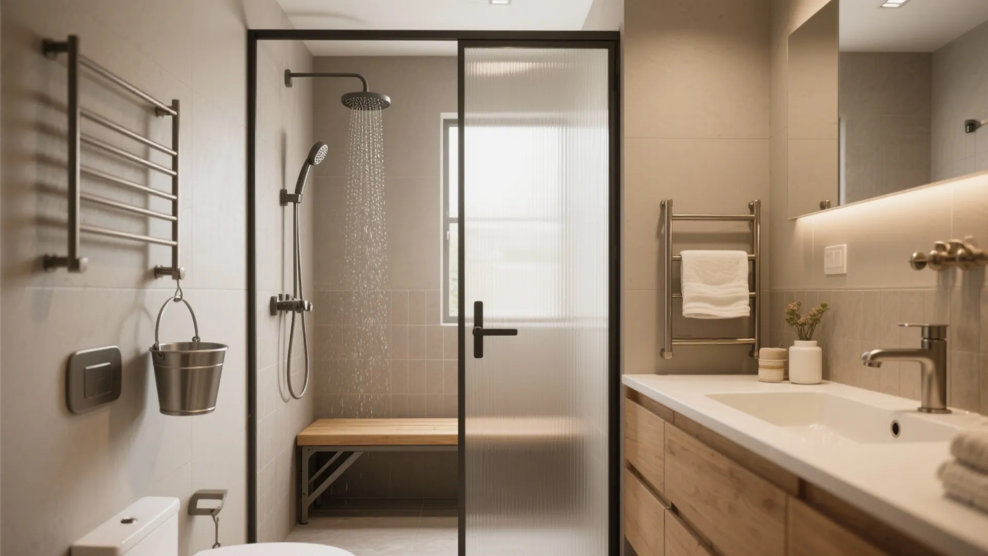 Modern bathroom with walk-in shower, glass door, wooden bench, white sink, and light brown tiles
