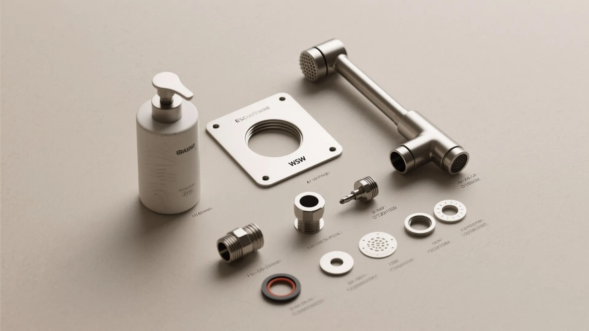 Various metal plumbing parts soap dispenser and sink accessories laid out on a plain beige surface
