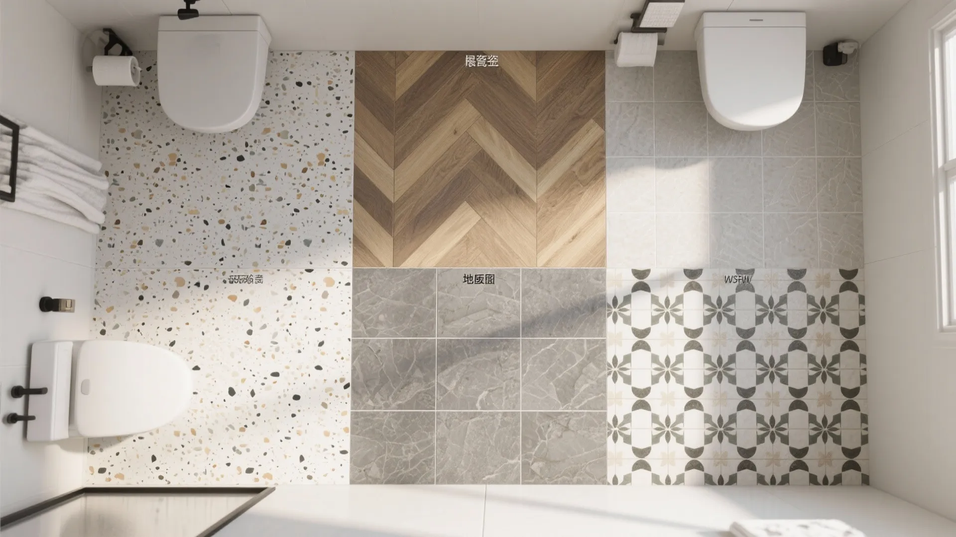 Top view of different bathroom floor tile designs including wood pattern grey stone and mosaic styles