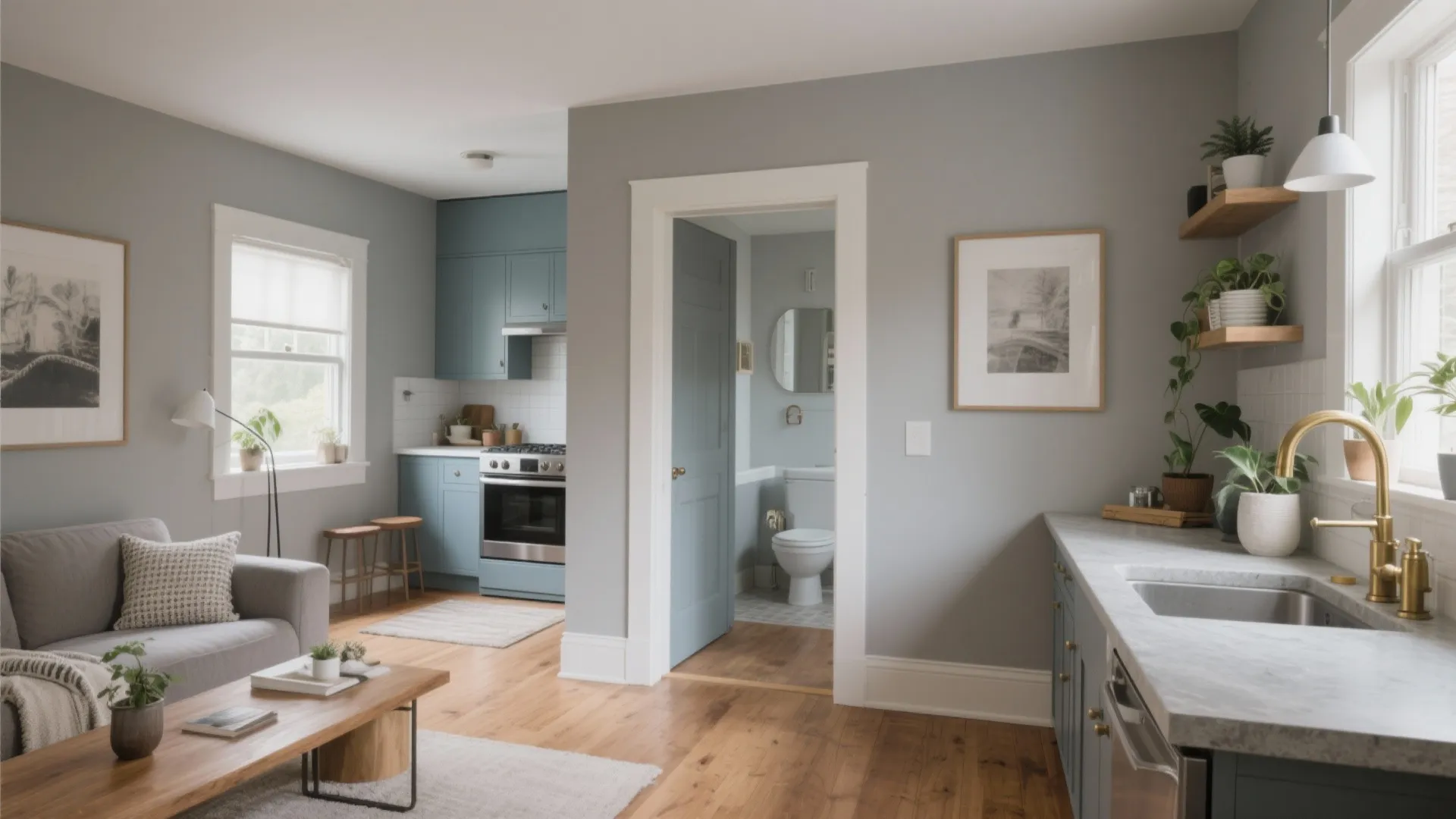 Open plan room layout with gray walls wooden flooring sofa kitchen cabinets and doorway view