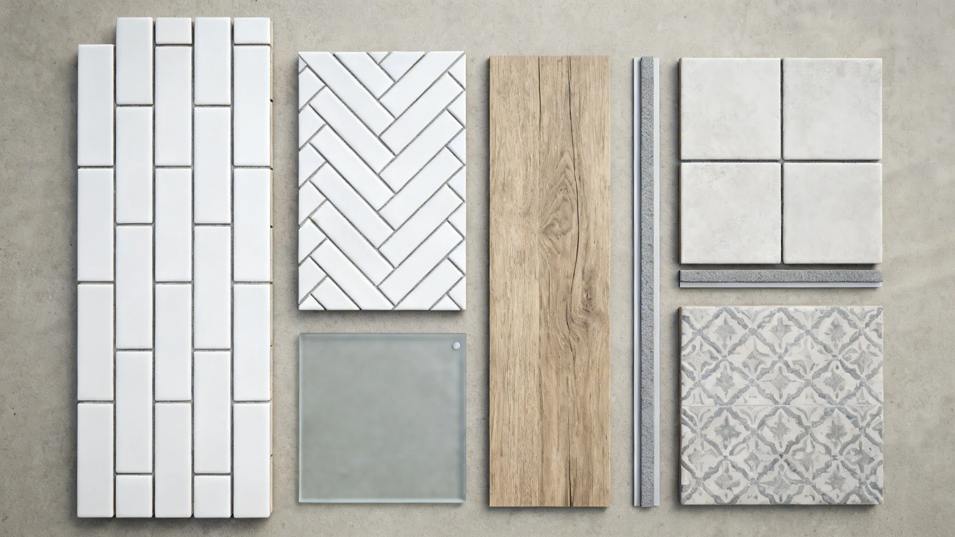 Flat lay of interior design samples featuring white subway tiles wood planks and decorative stone patterns