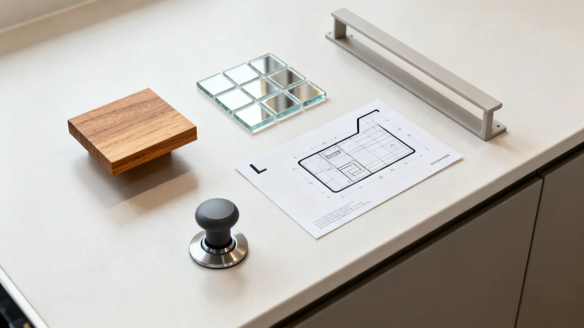 Flat lay of elements representing wood accents, glass, L-shaped plan, compact appliances, and minimalist storage.