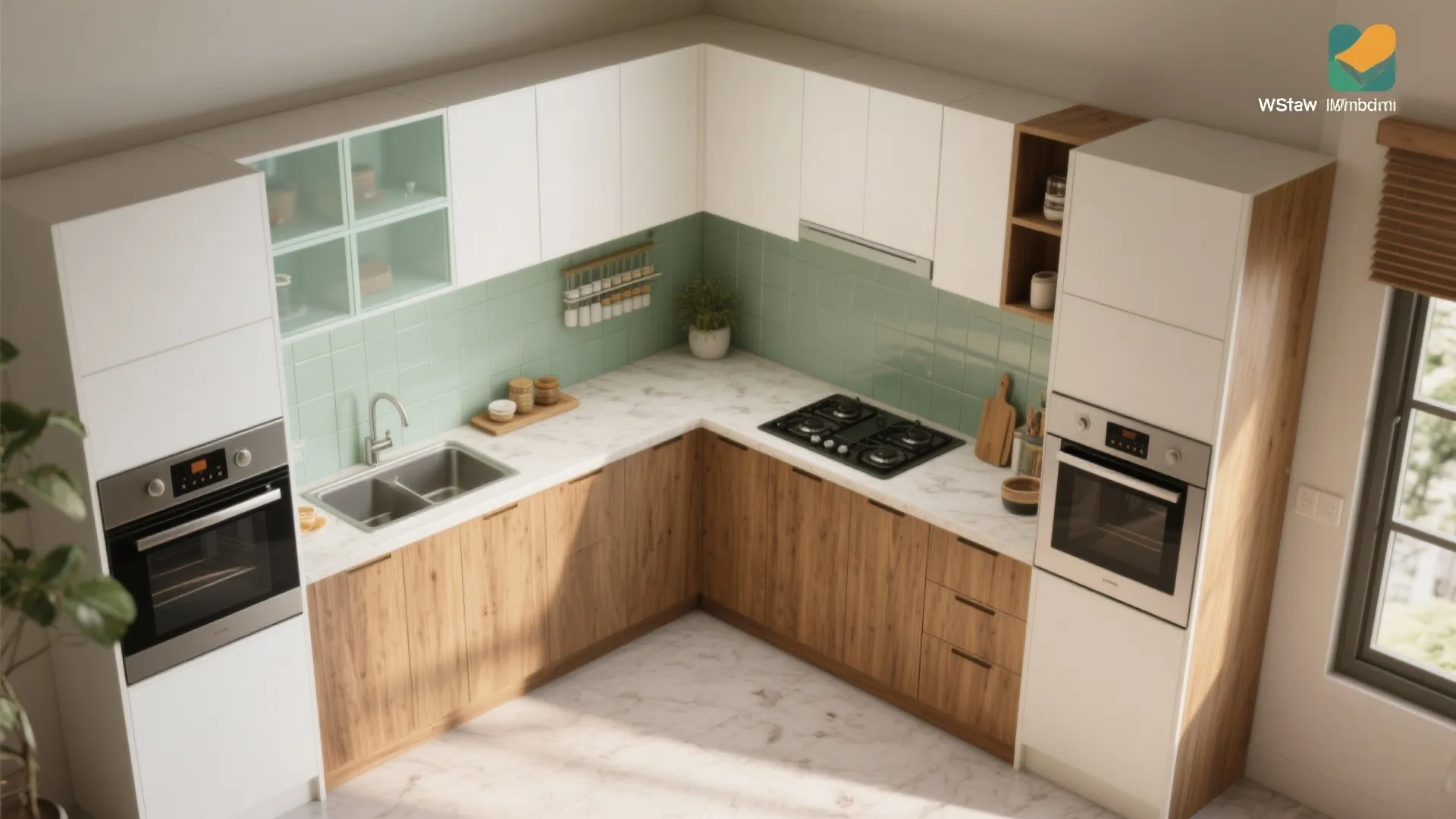Modern L-shaped kitchen with wooden lower cabinets white upper cabinets marble countertops and green tiled backsplash