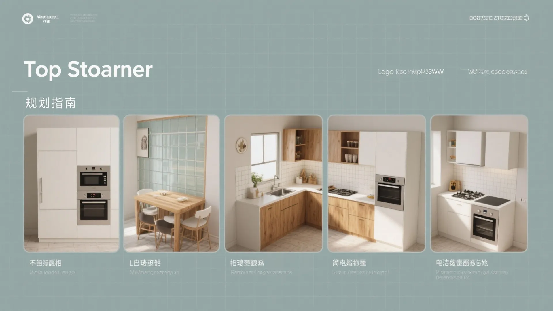 Infographic showing five different kitchen layout designs including cabinets ovens sinks and small dining table areas