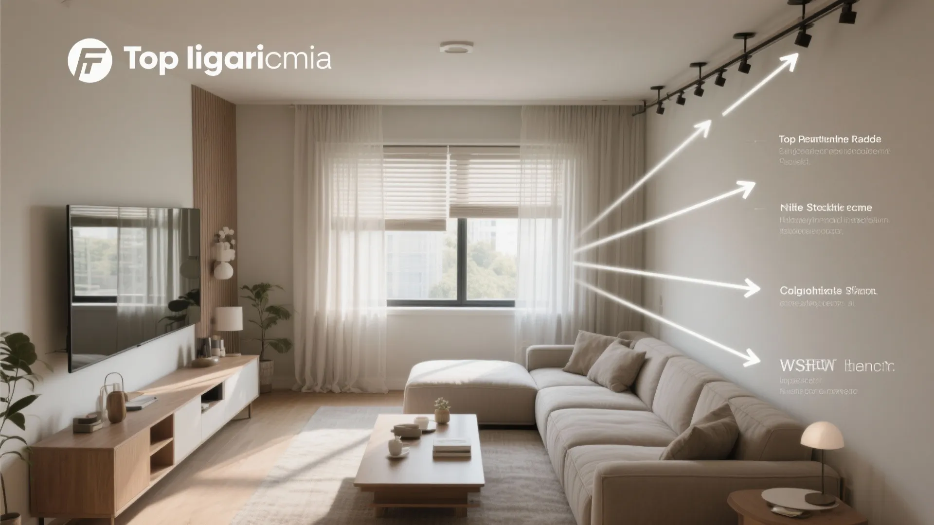 Modern living room with beige sofa wood coffee table and wall light arrows pointing at wall