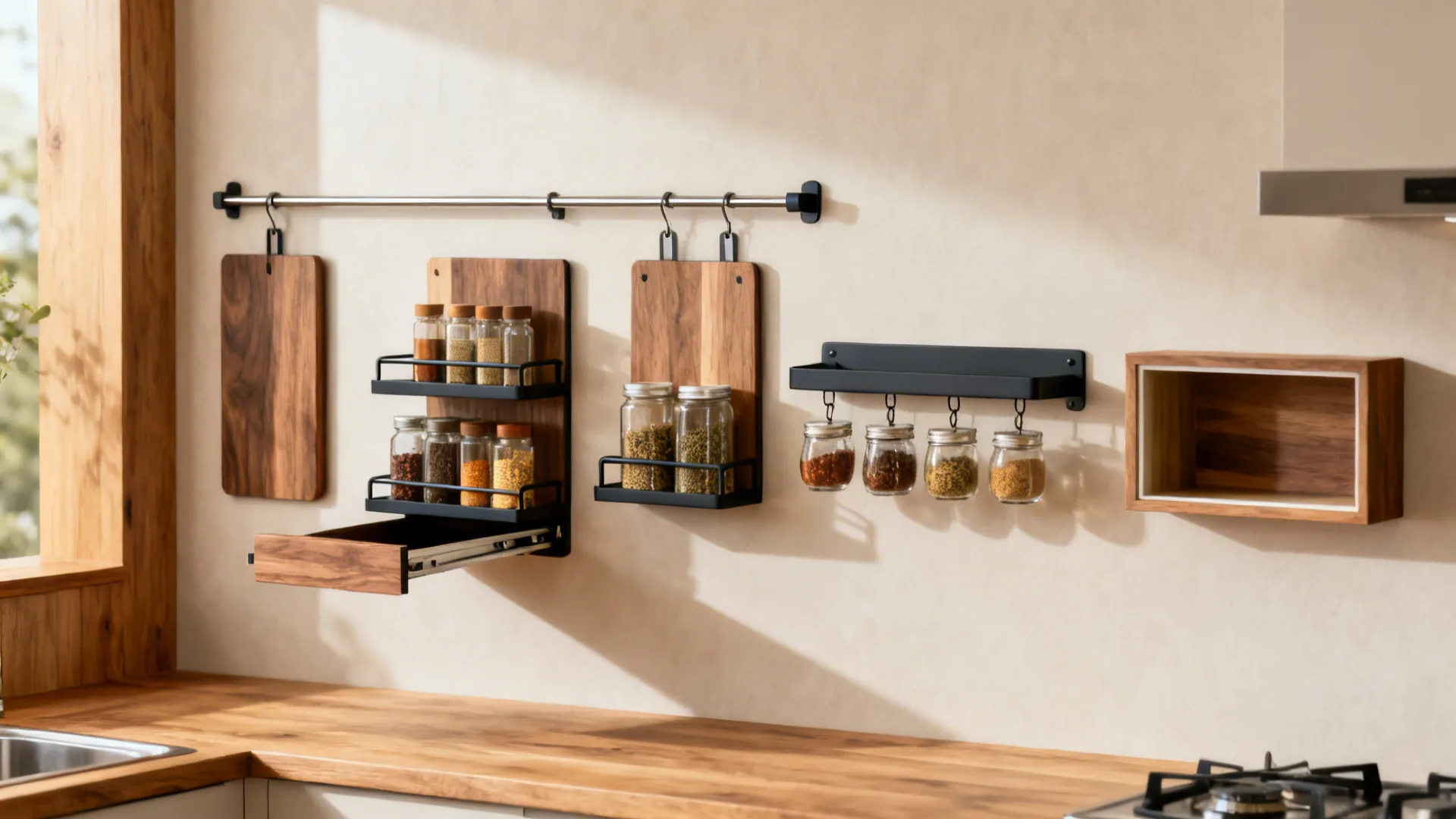 Five handmade spice rack types displayed together in a minimal kitchen setting.