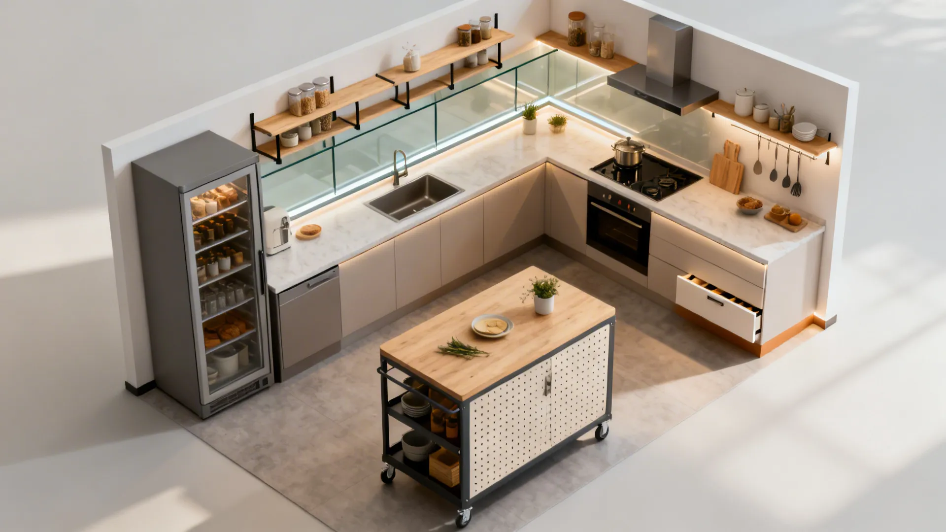 Top-down visual of a small galley kitchen showing rail shelves, glass ledge, pantry with cart, pegboard, toe-kick, and layered lighting.