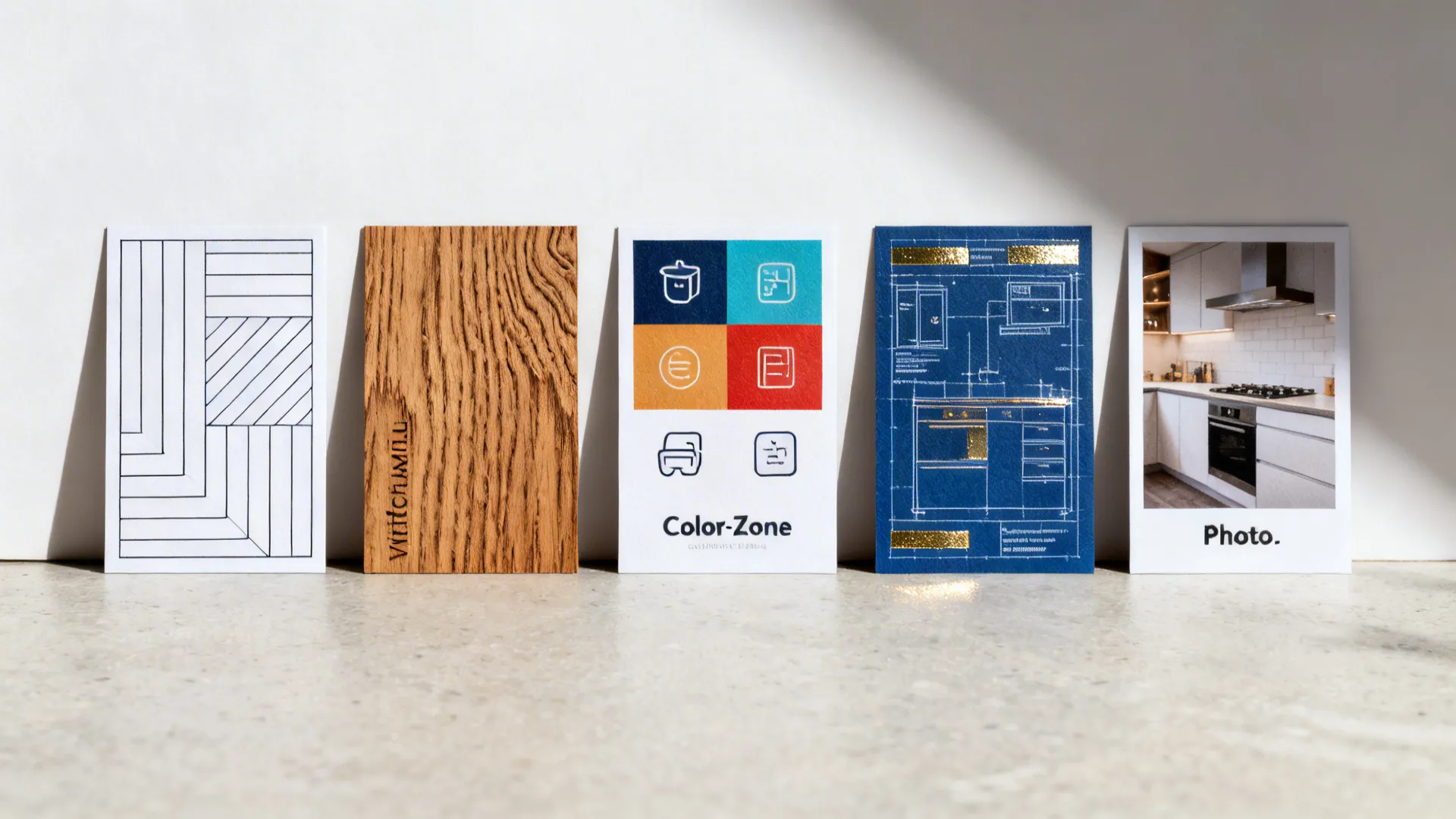 Five design cards showing wood grain color zones blue interior drawings and a kitchen photo