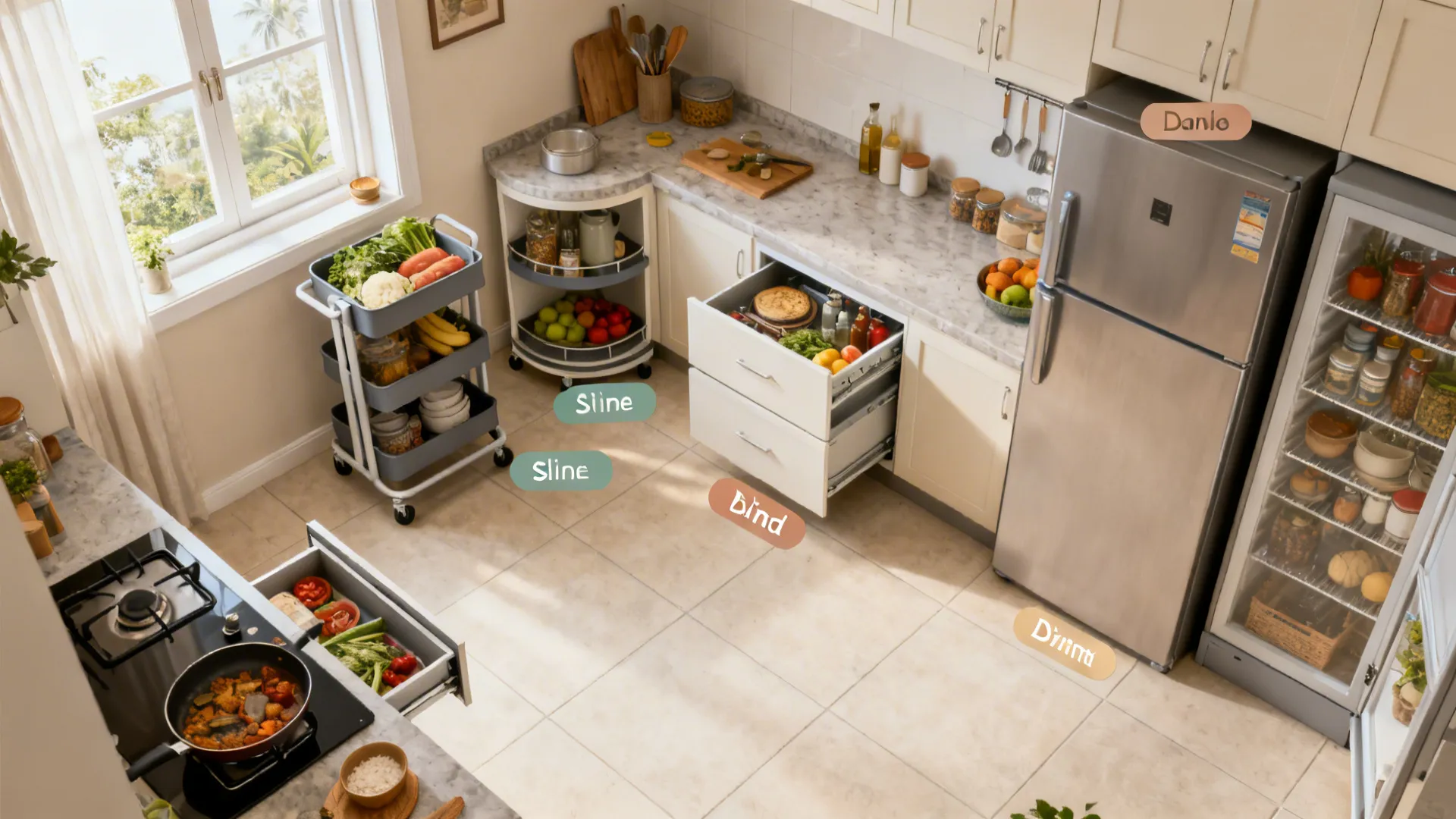 A kitchen layout showing various storage zones including a rolling trolley drawers and a refrigerator