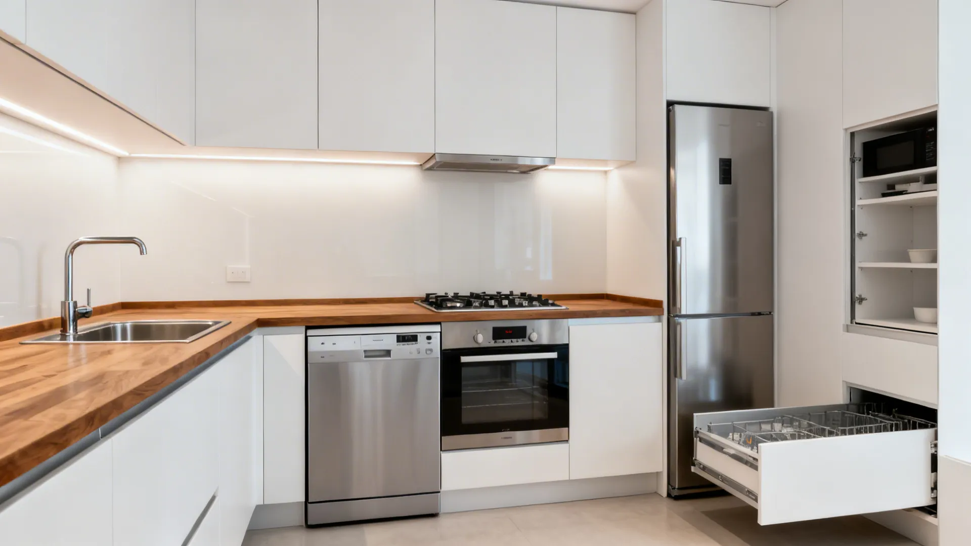 Compact kitchen showing efficient five-zone layout with appliances placed for smooth workflow.