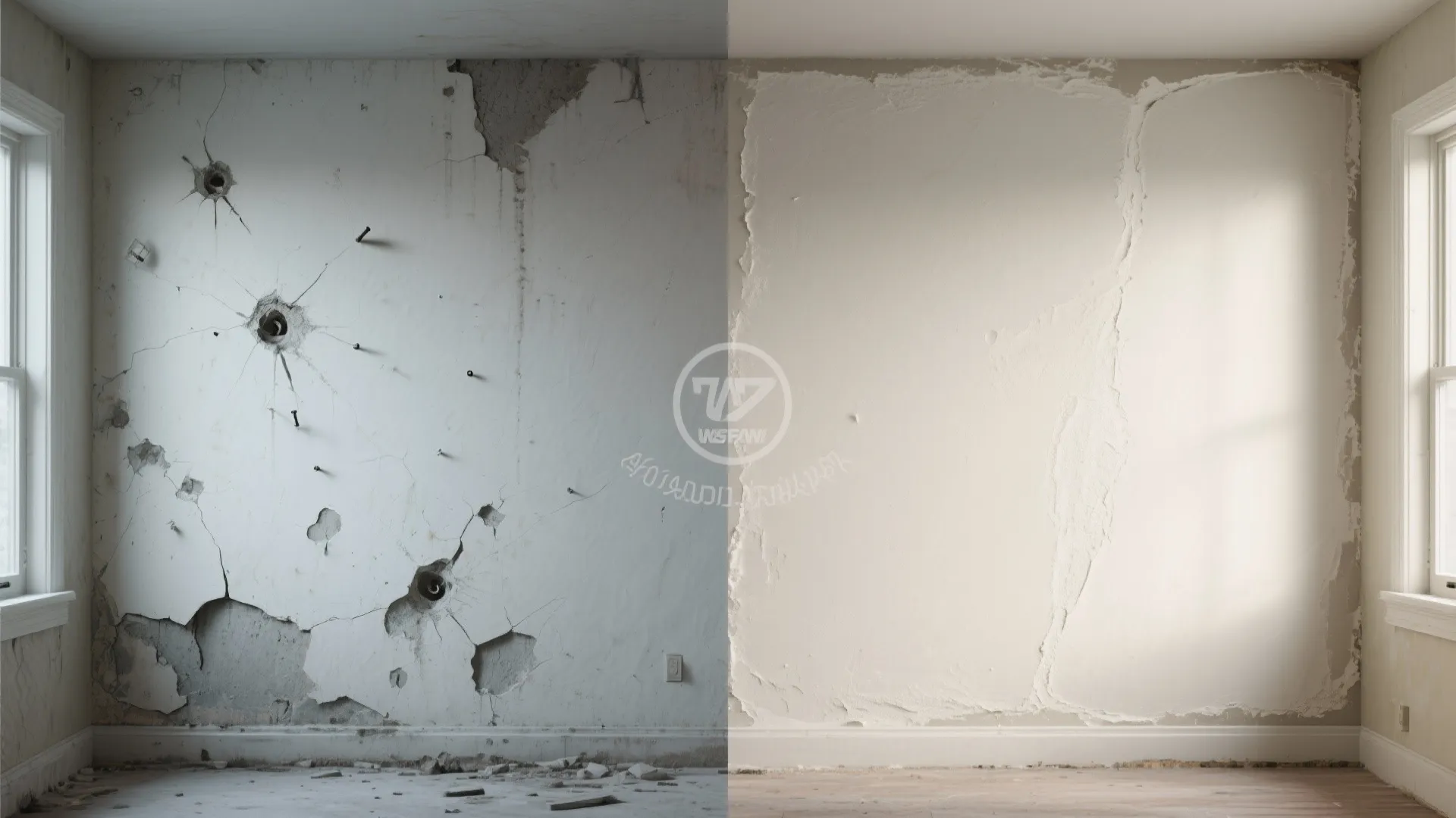 Before and after comparison showing a cracked damaged wall next to a freshly repaired smooth wall