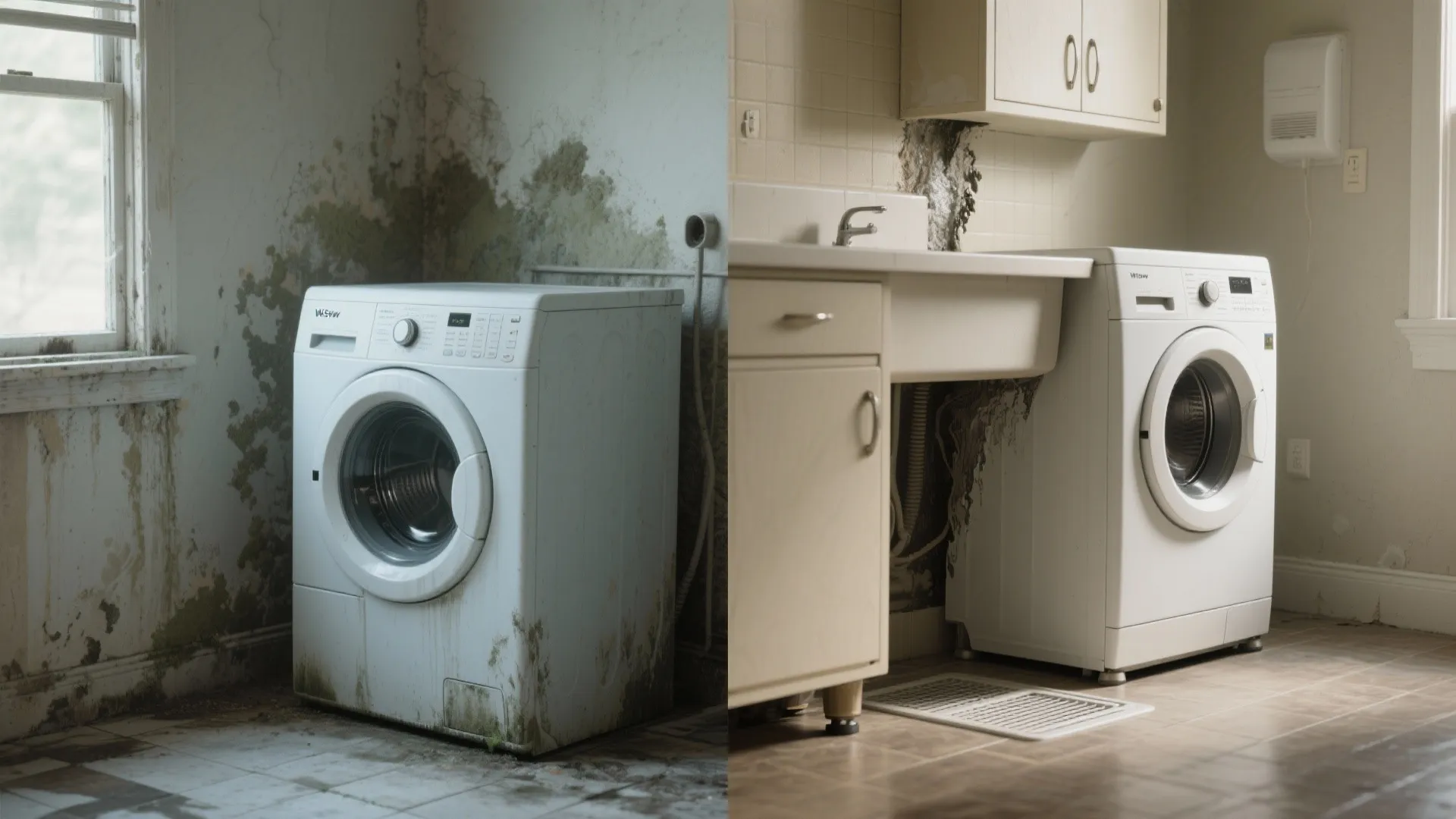 Before and after comparison of a moldy laundry room versus a clean renovated laundry room