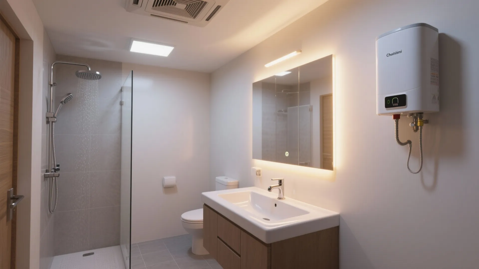 Bathroom with a low-flow shower, aerated tap, warm LED backlit mirror, compact exhaust fan and a plain white geyser.