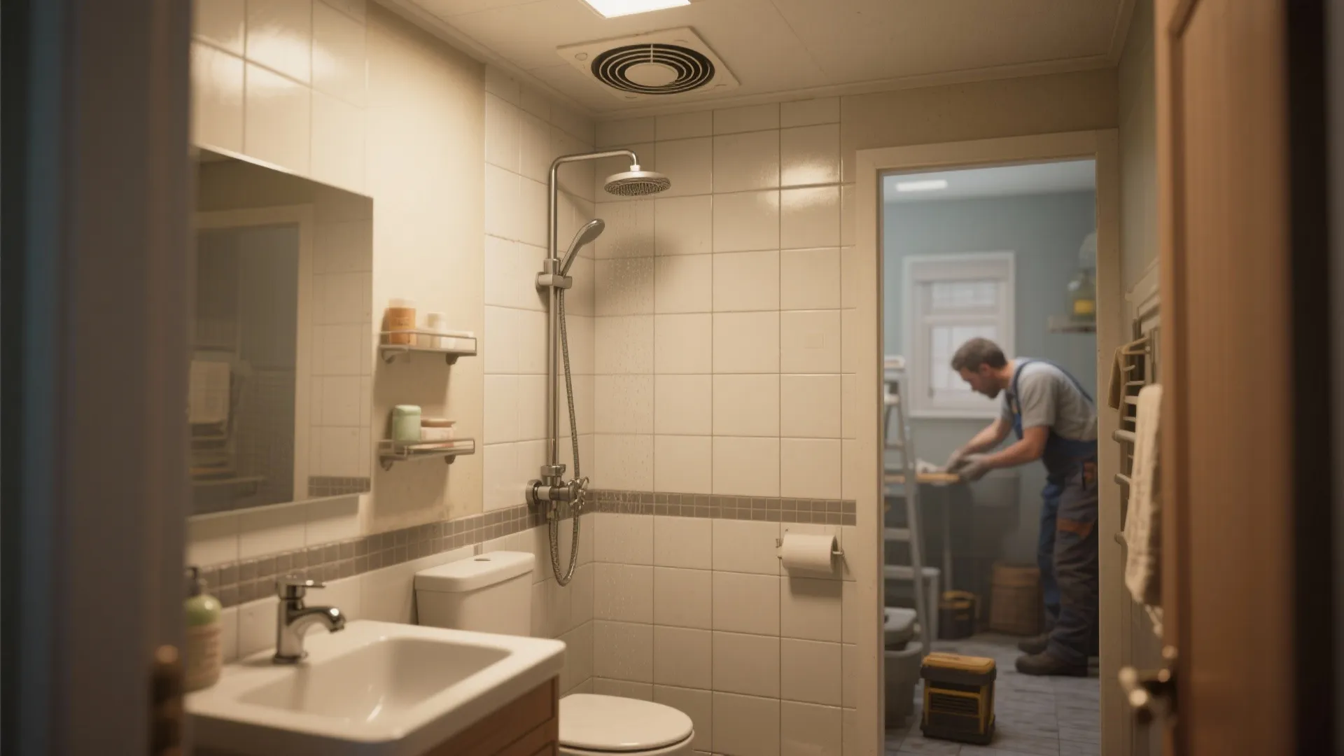 Small bathroom with visible ventilation, sealed grout and a plumber repairing a faucet