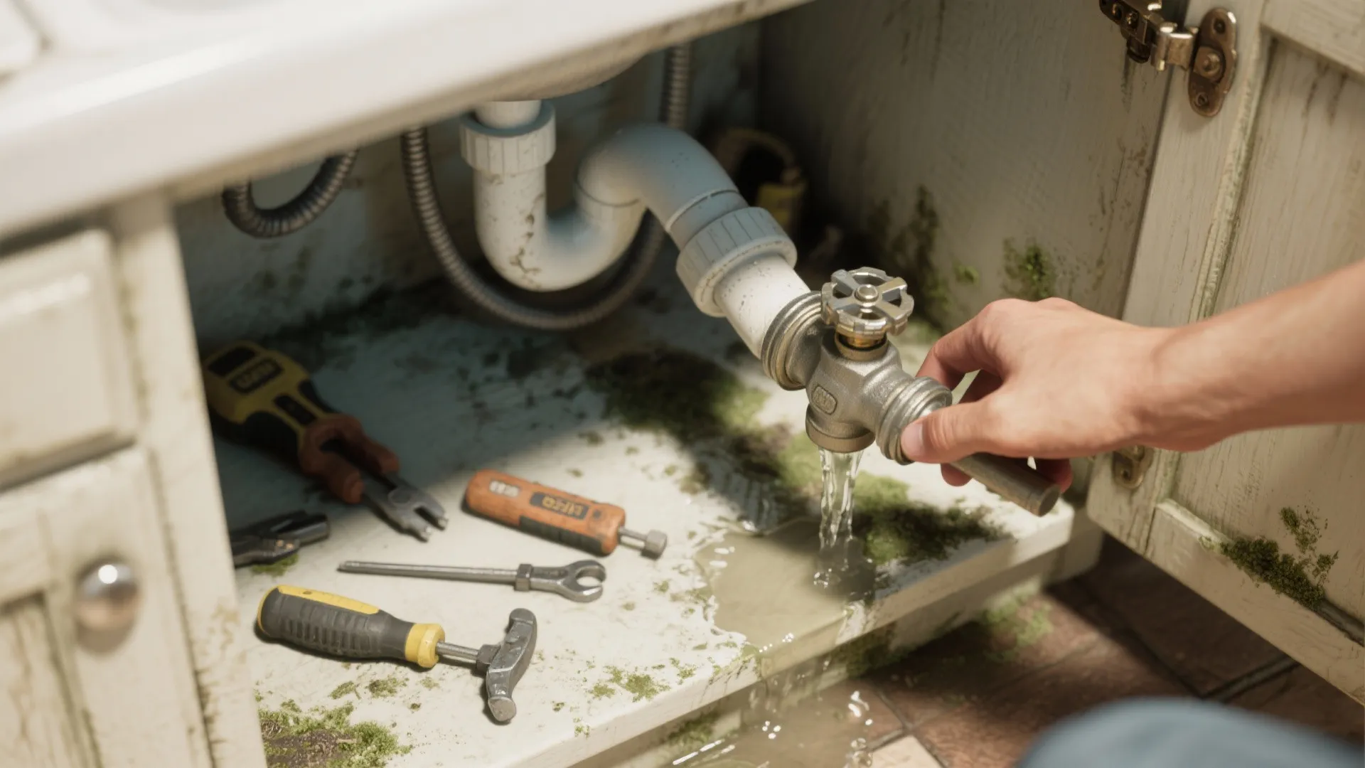 A hand turning a metal valve under a leaky kitchen sink with various tools nearby