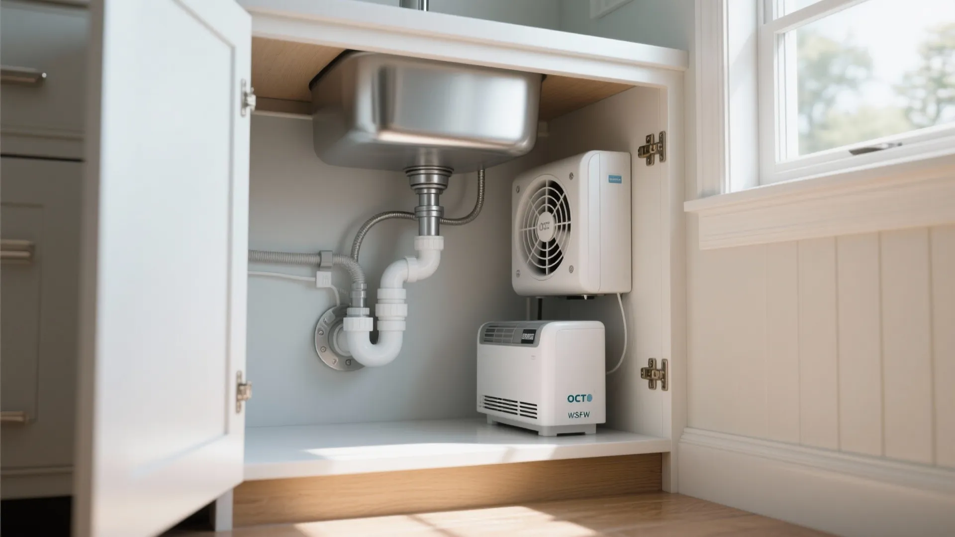 White kitchen cabinet under sink showing plumbing pipes and two white water filtration machines inside