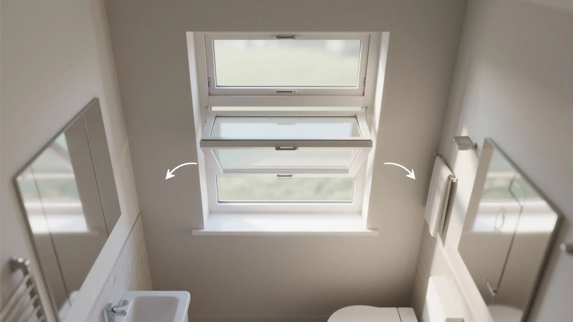 Modern bathroom featuring white walls with an open roof window showing arrows for air flow