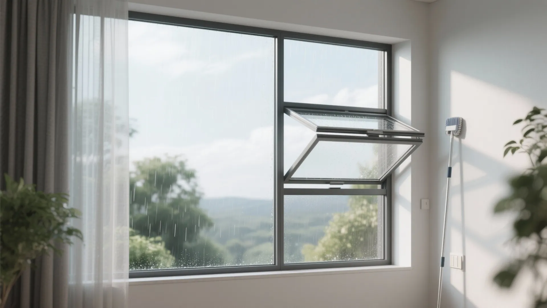 Modern open windows with rain drops showing outdoor green forest view and white cleaning brush tool