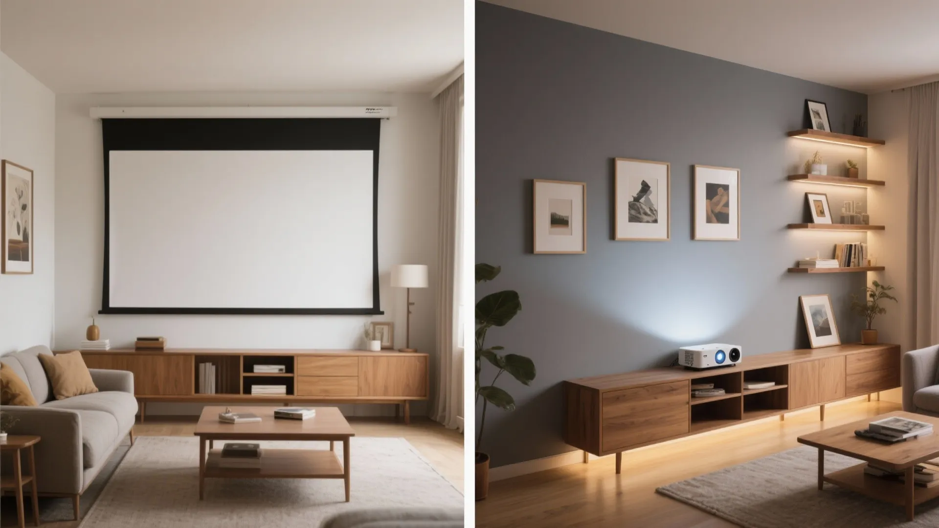 Before and after comparison showing white projector screen versus a grey wall with framed wall pictures