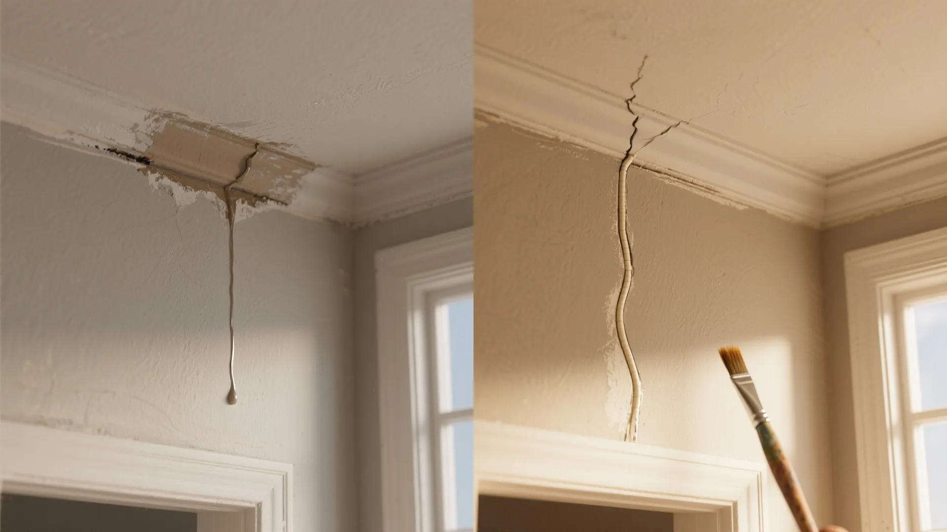 Before and after comparison showing wall crack repair process using filler and small paint brush
