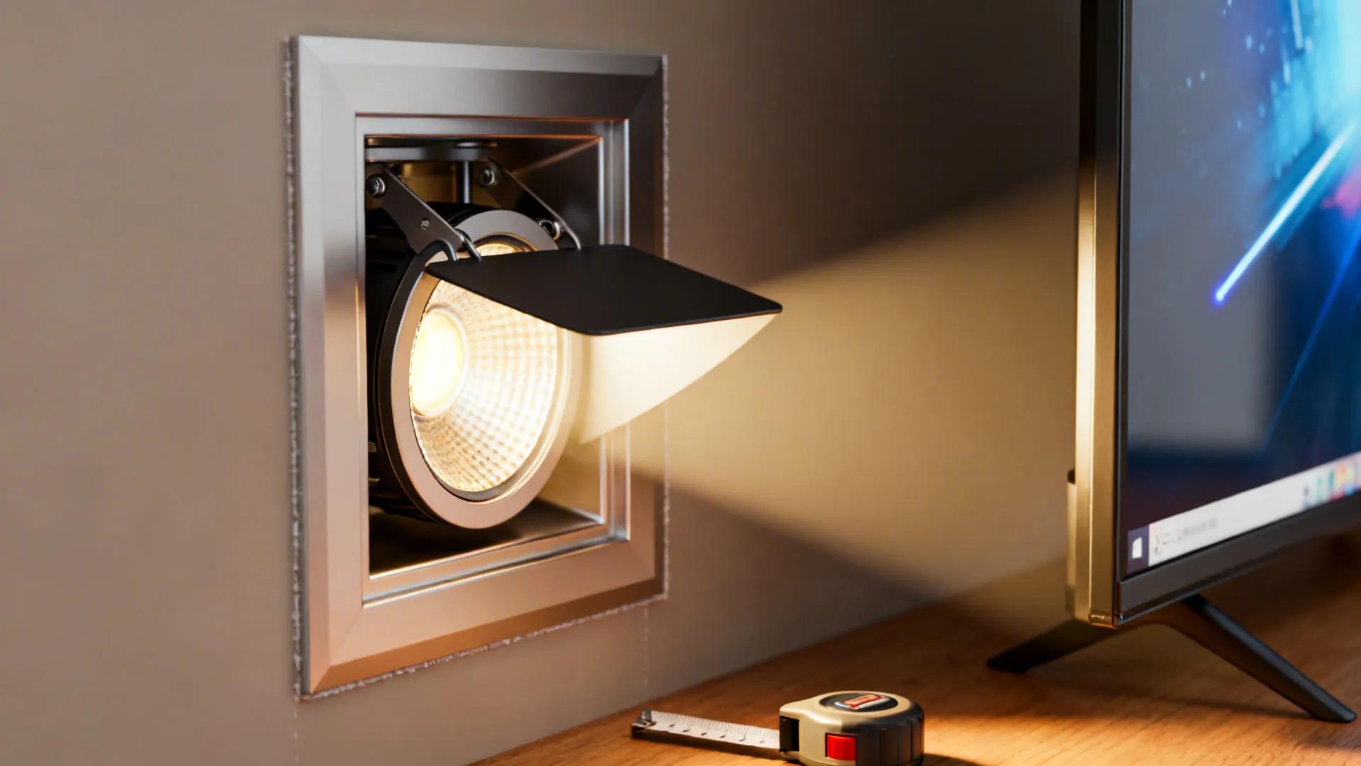 Close-up of an adjustable recessed trim aimed to avoid TV glare, showing warm light and spacing tools.