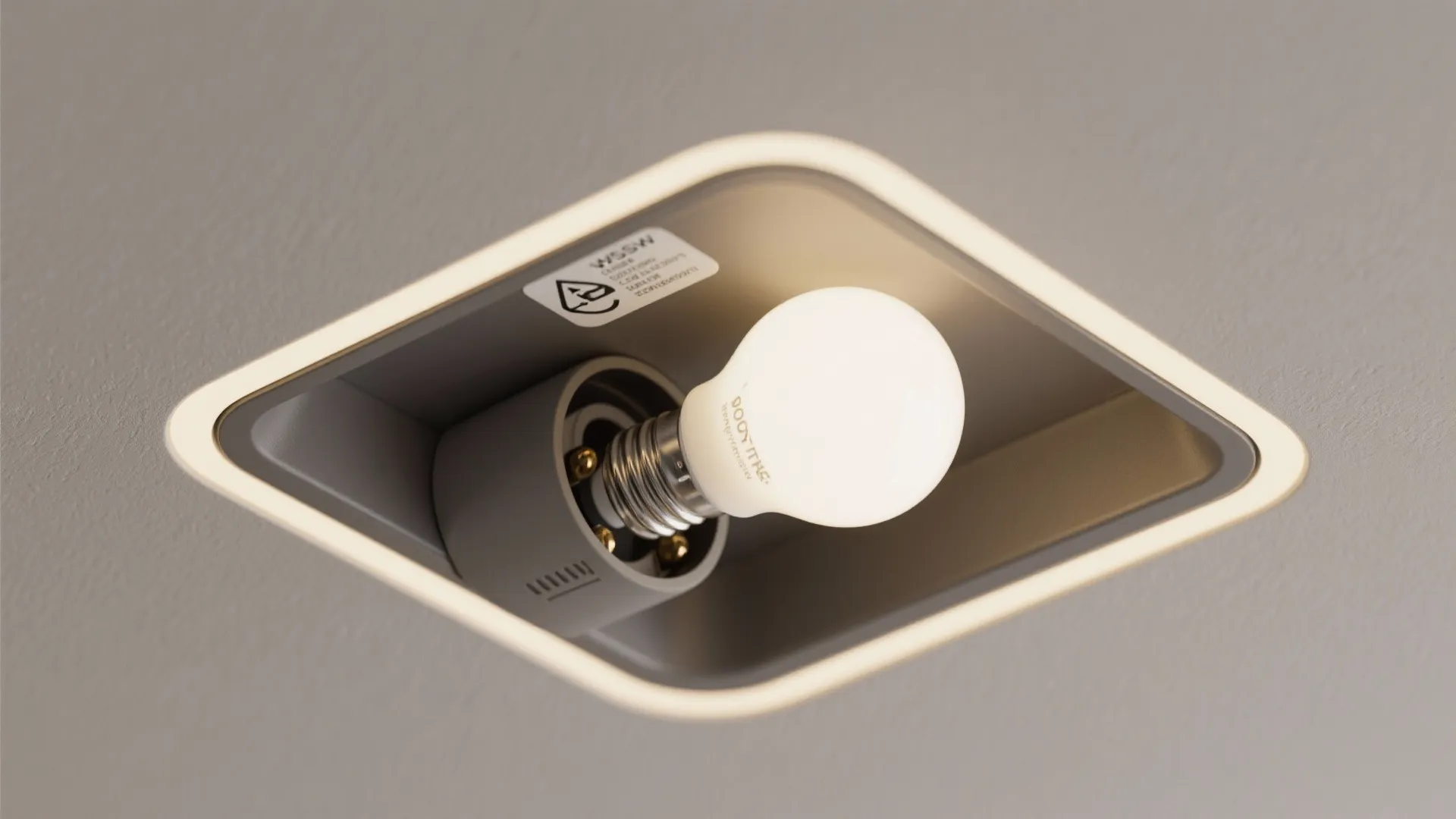 Close-up of ceiling fixture components: flush mount, recessed trim, and a dimmable smart bulb.