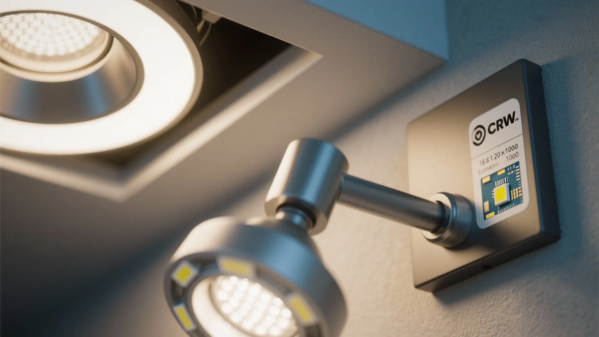 Close up view of adjustable silver wall light and round ceiling light with modern details