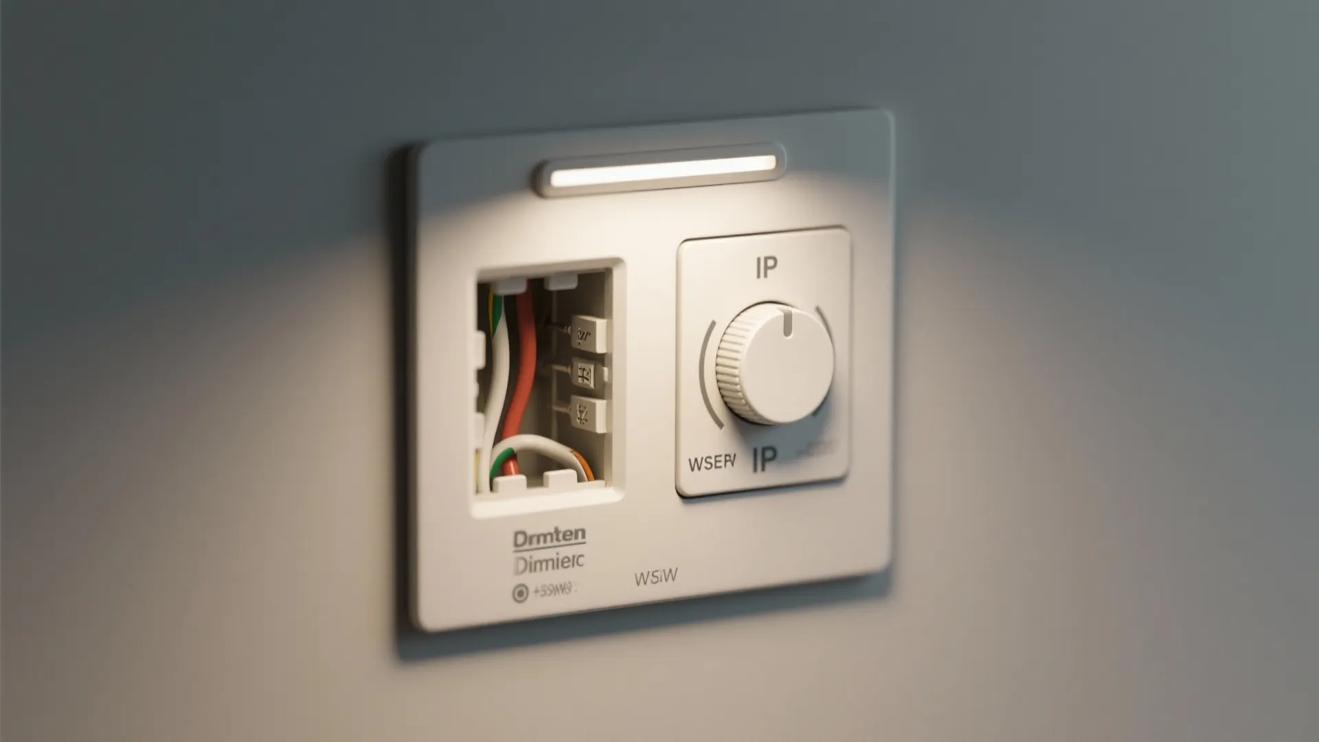 Close-up of a dimmer switch next to an IP-rated recessed fixture label and wiring notes.