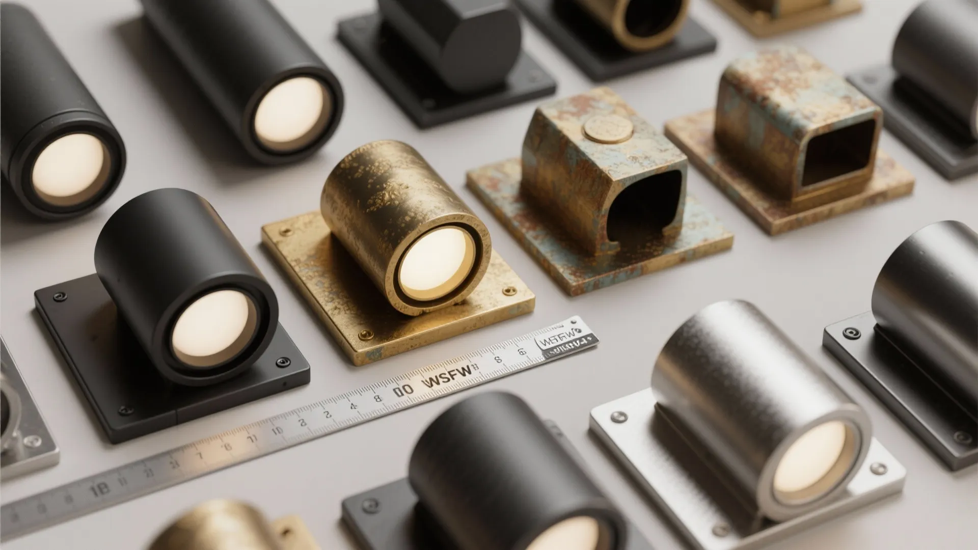Modern wall light fixtures in black brass and silver metal finishes placed beside a long ruler
