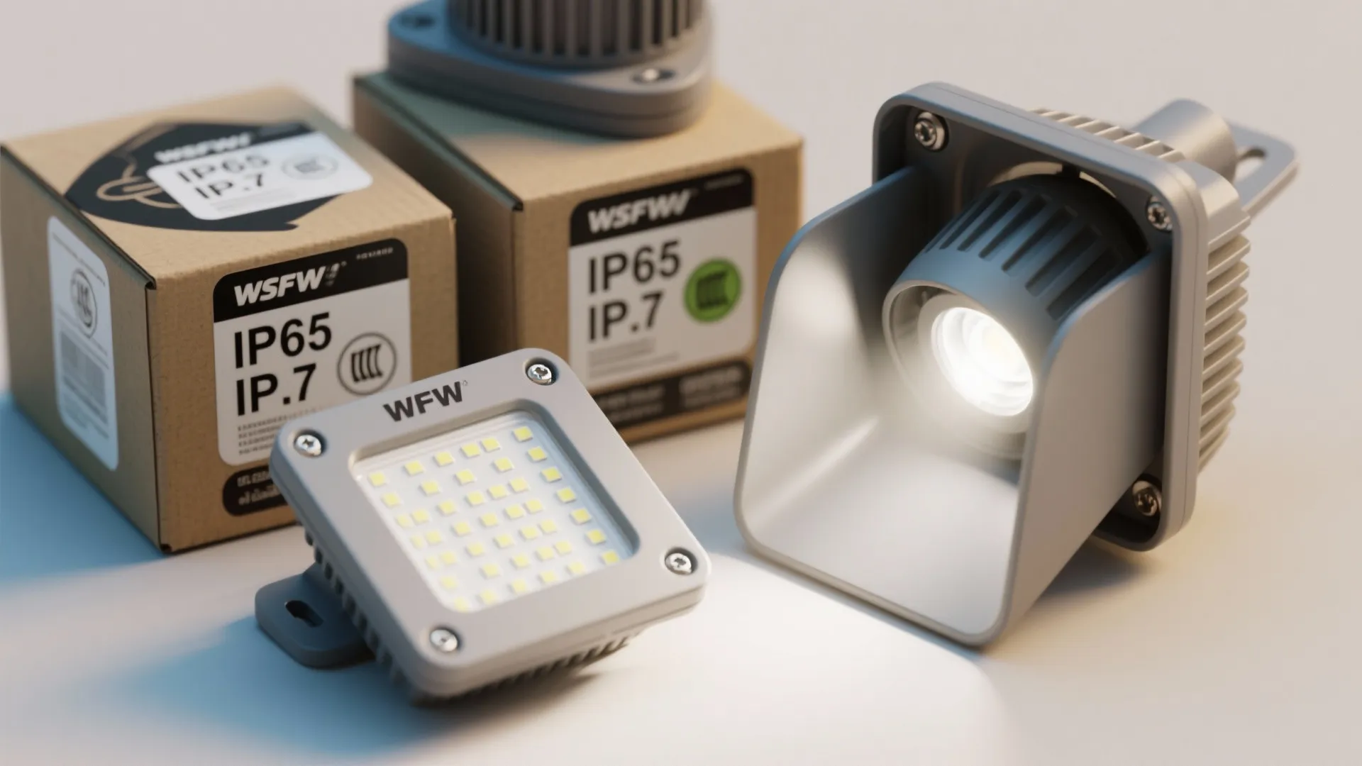 Close-up of outdoor lighting fixtures and IP rating marks with narrow-beam uplight and shield samples.