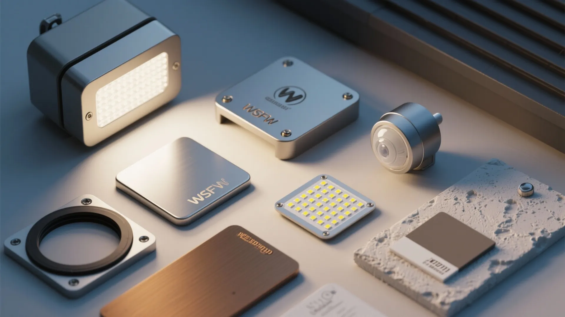 Flatlay of marine-grade metal samples, LED chip, sensor head and fixture gasket for exterior lighting