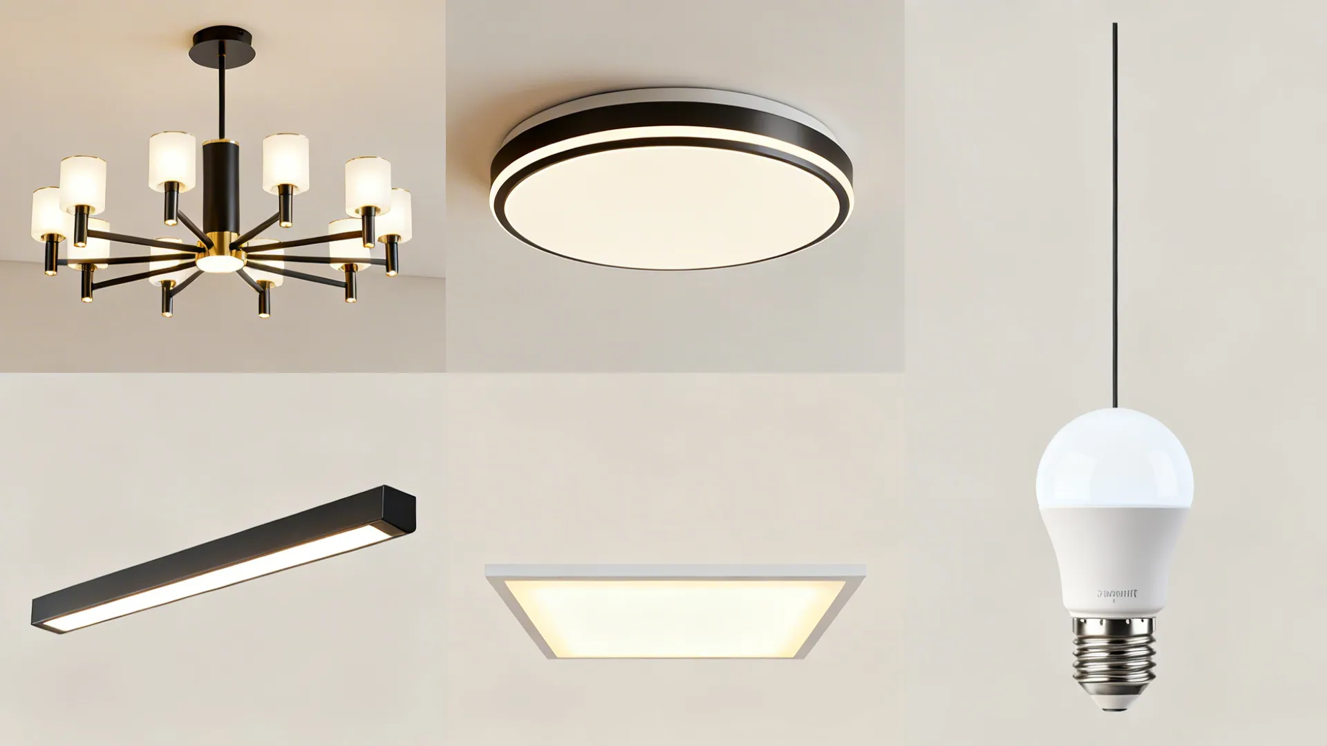 Collage of compact lighting options for low ceilings including semi-flush fixtures, slim pendants, LED panels and smart bulbs.