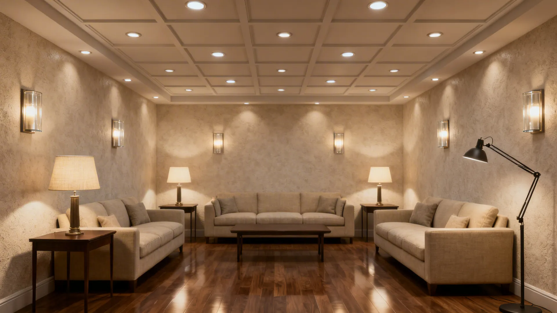 Evenly lit living room with multiple lower-lumen fixtures placed for glare-free illumination.