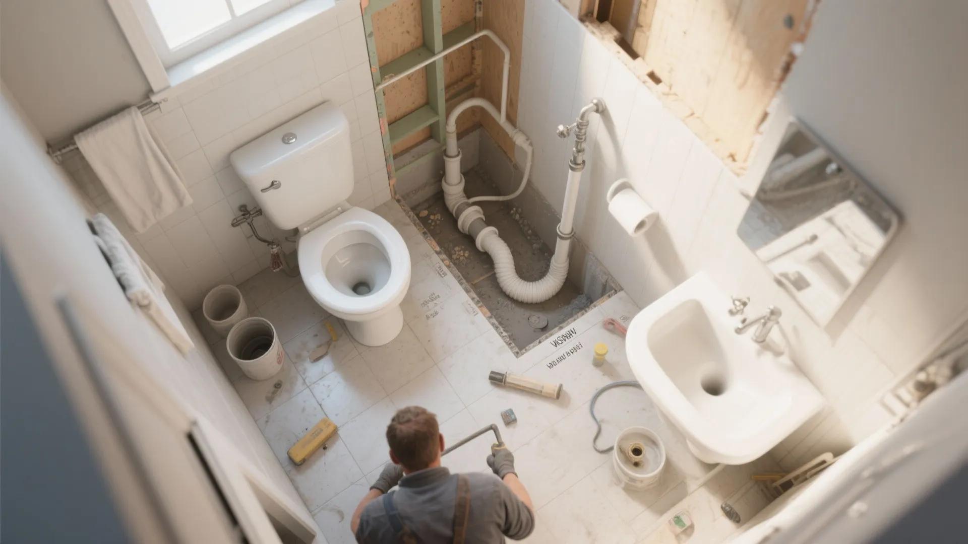 Top view of bathroom plumbing installation showing pipes floor tiles toilet sink and a worker
