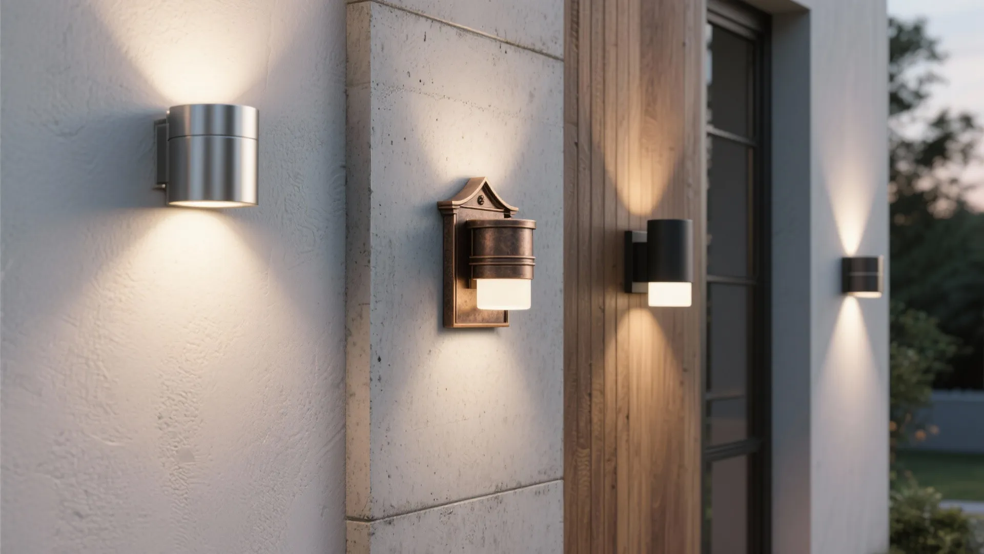 Four different styles of wall light fixtures mounted on exterior concrete and wood house walls