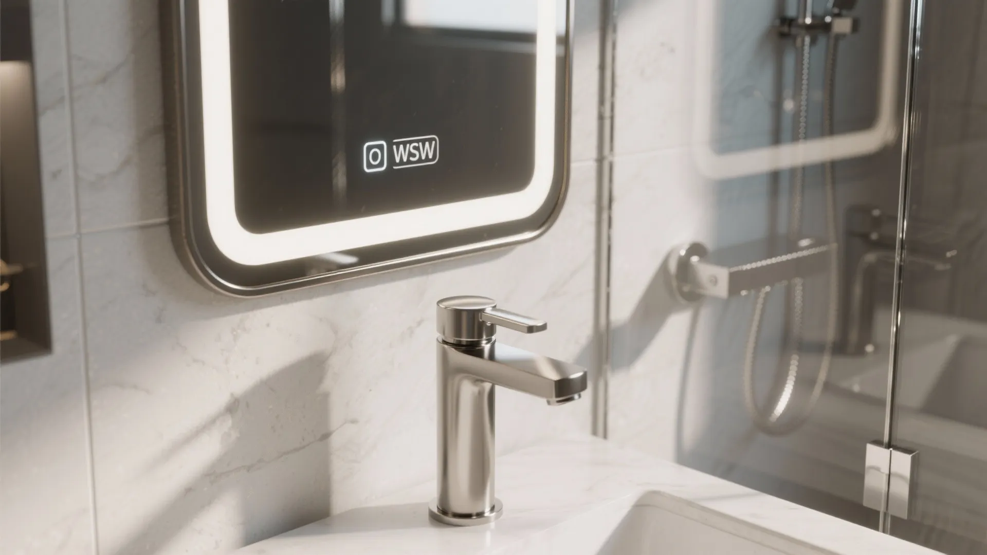 5. Statement Fixtures: Mirrors, Faucets, and Shower Glass