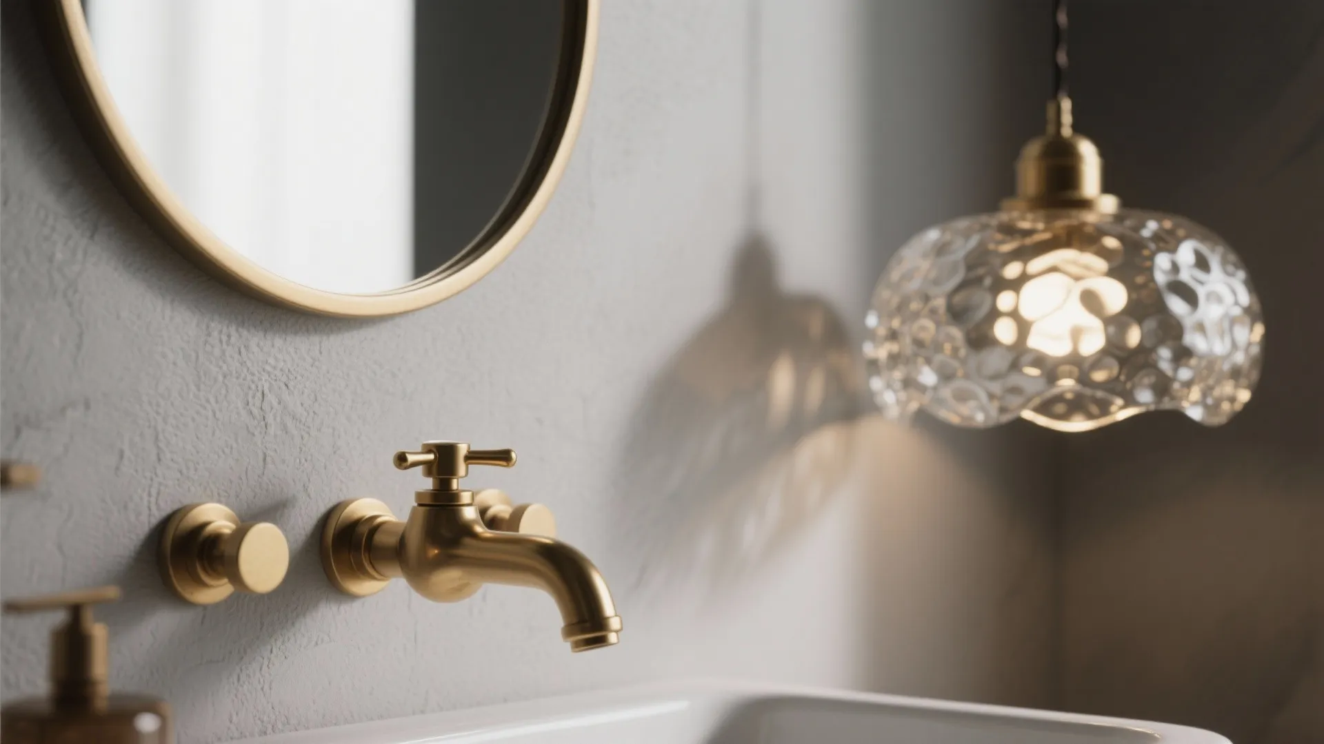 Modern bathroom detail featuring a gold wall light fixture gold tap round mirror and white sink