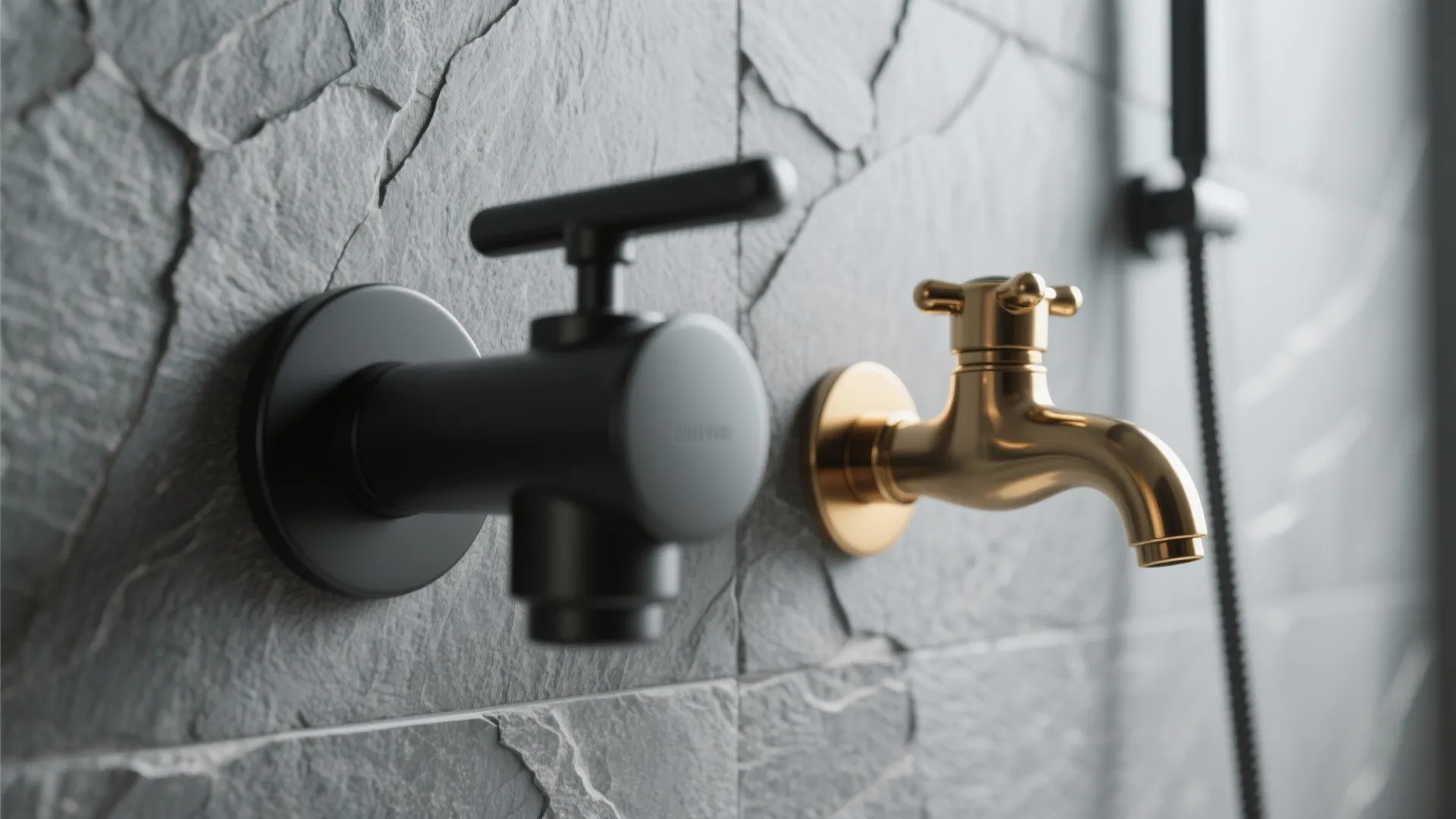 Black and gold water taps mounted on a grey stone wall in a modern bathroom