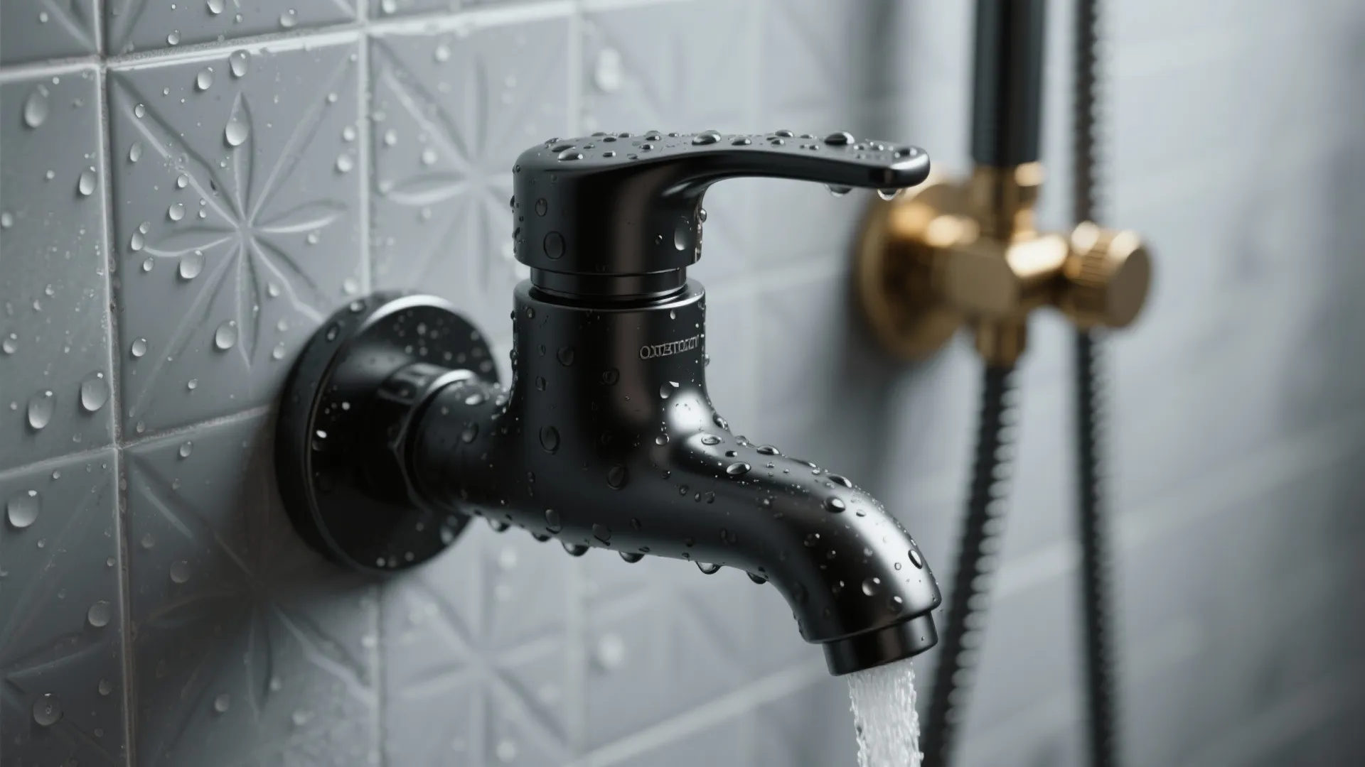 Matte black tap and brass fittings contrasted against grey tiles with visible water droplets.